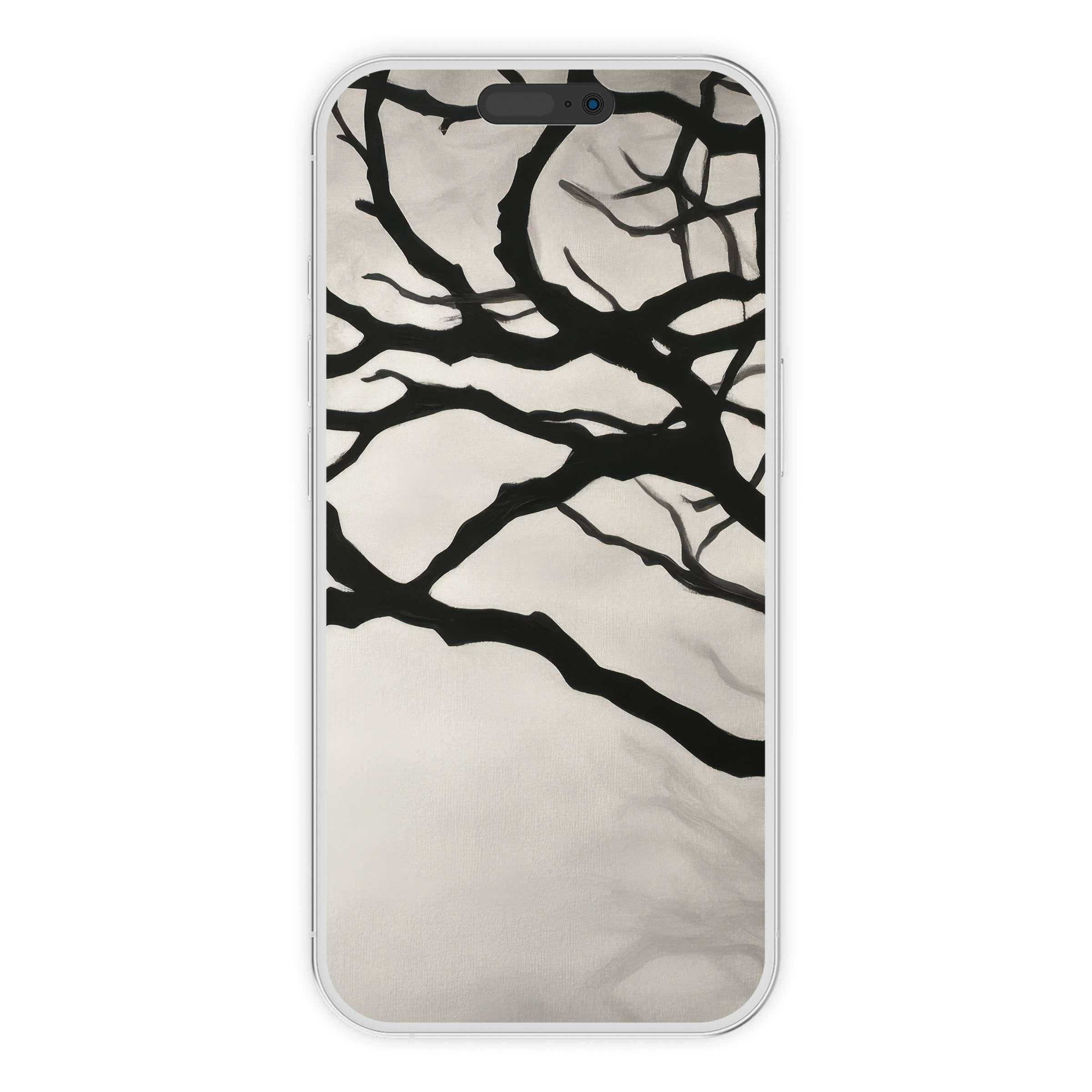 Elegant black and white iPhone wallpaper featuring abstract tree branches, a serene digital download phone background for calming atmospheres