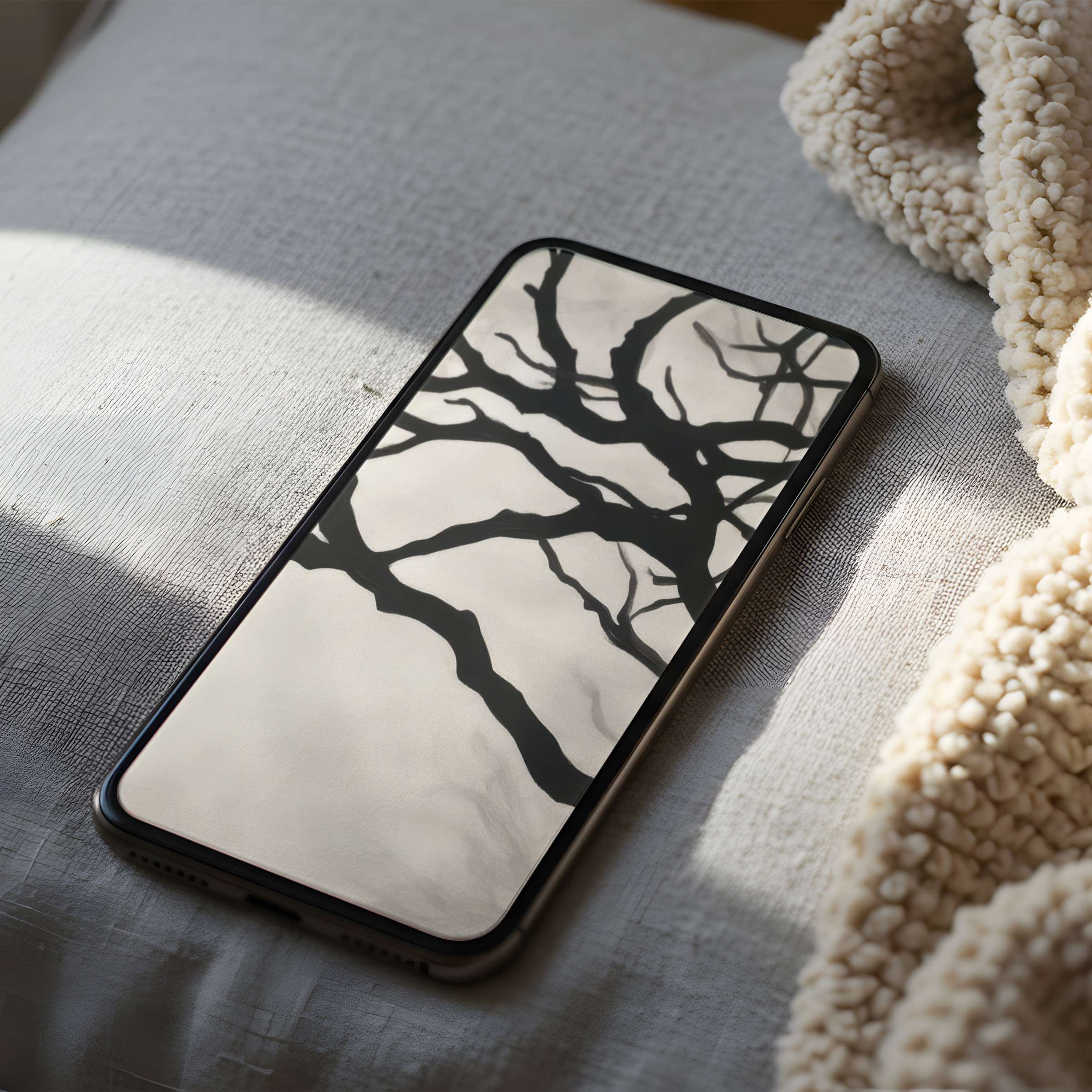 Elegant tree branch design phone wallpaper in calming tones complements soft interior textures suitable for iPhone and Android users
