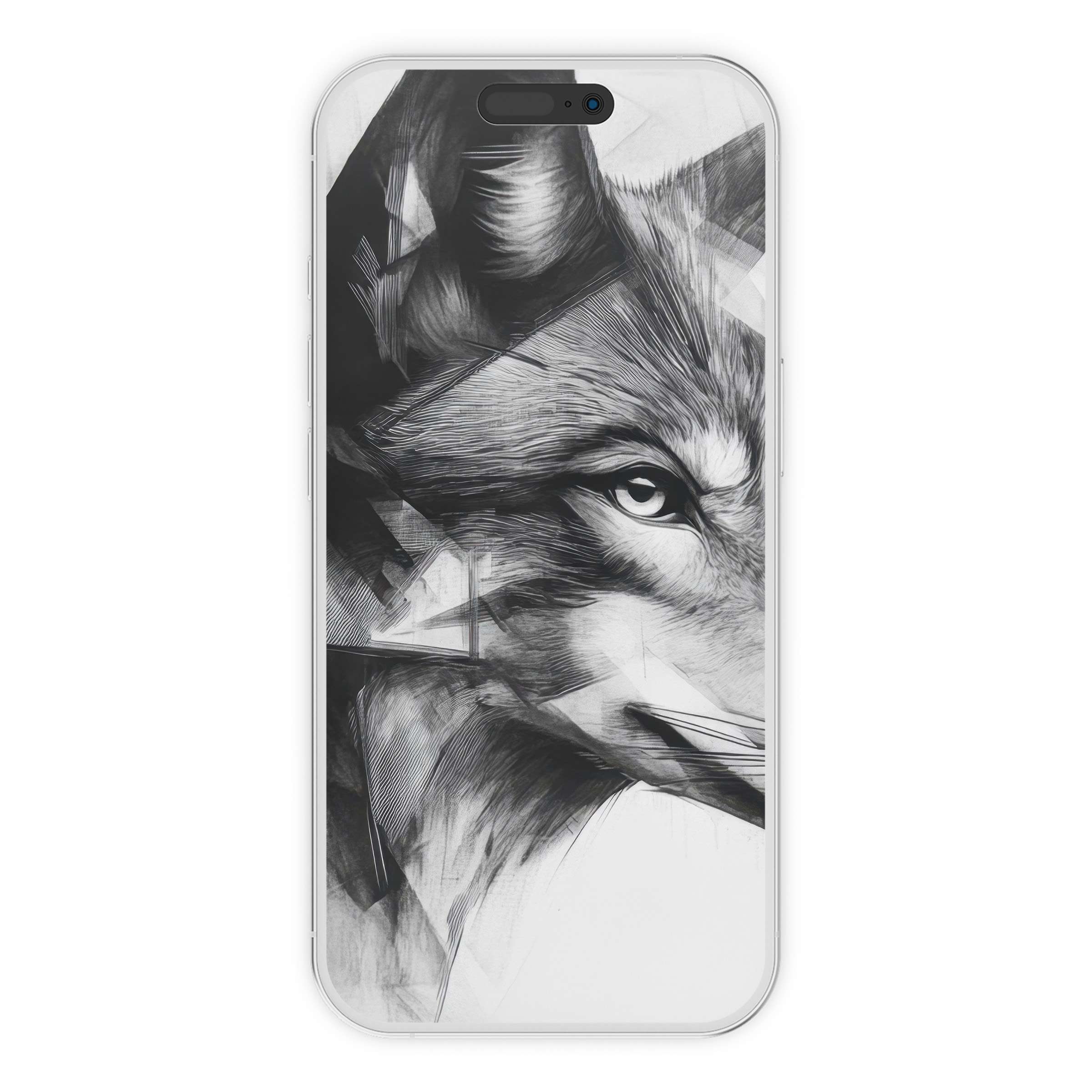Elegant black and white iPhone wallpaper showcasing an artistic wolf design, offering a calming digital download for phone background
