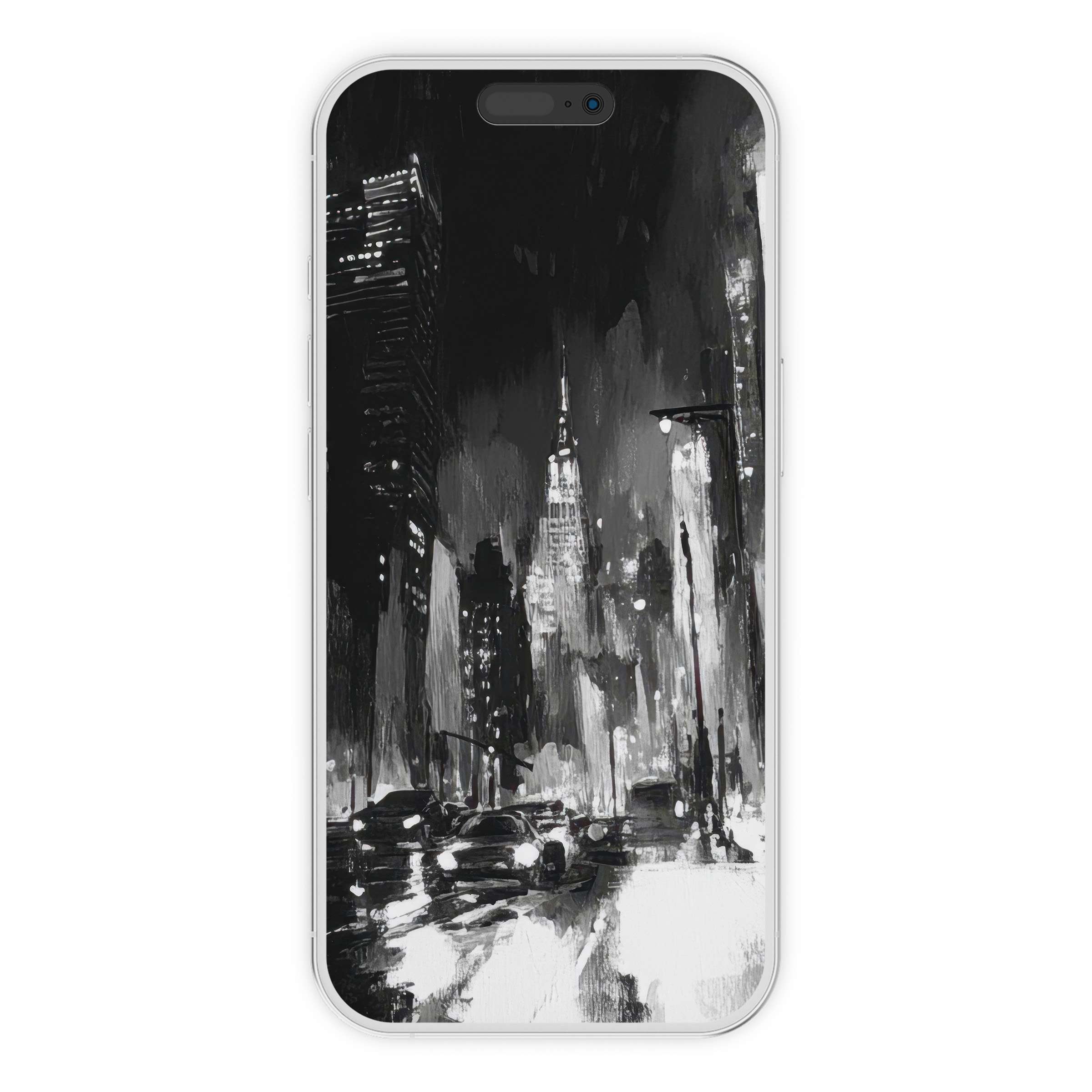 Elegant cityscape in monochrome brushstrokes creates a calming black and white iPhone wallpaper for phone background digital download
