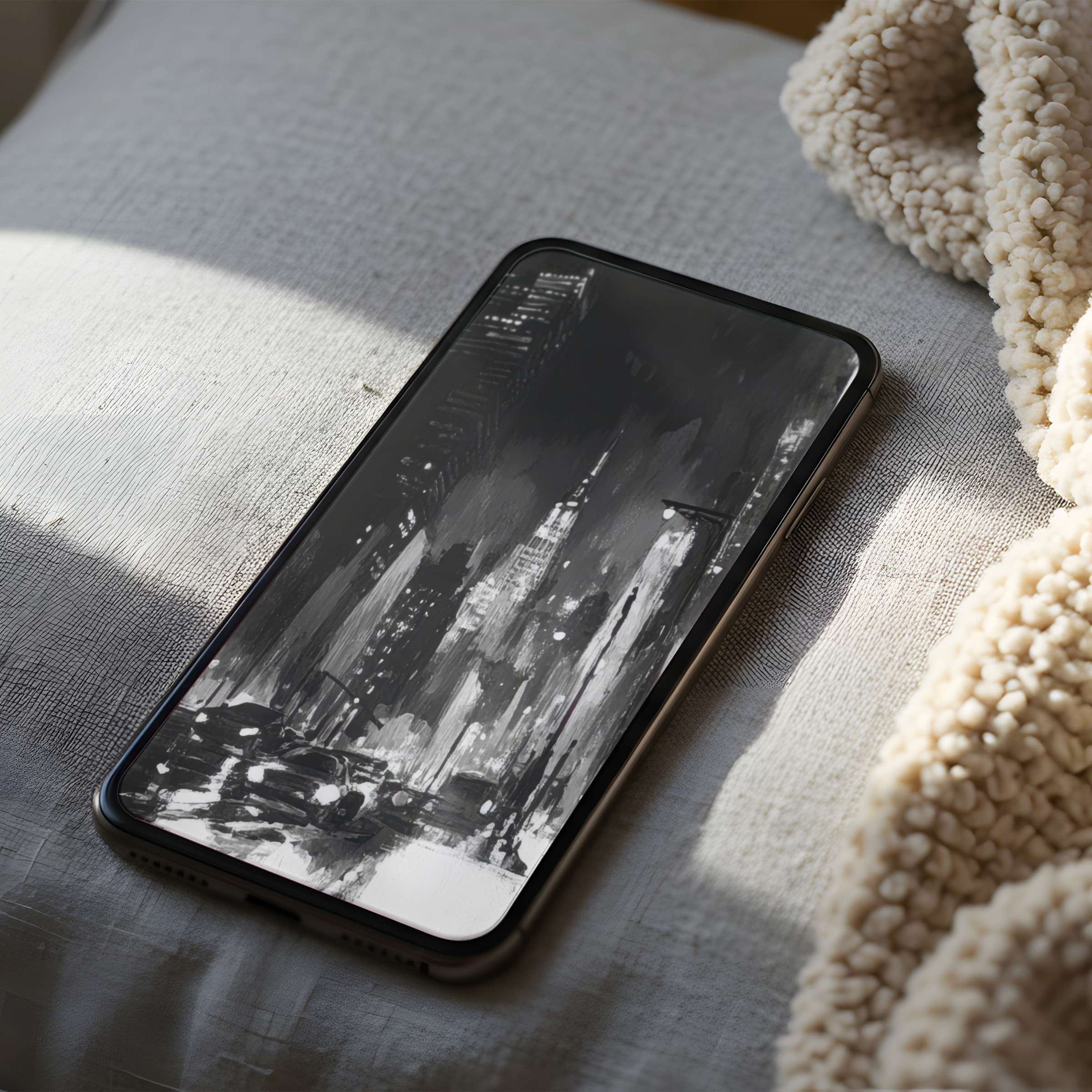 Elegant black and white cityscape phone wallpaper in high resolution creates a serene, artistic ambiance suitable for iPhone and Android
