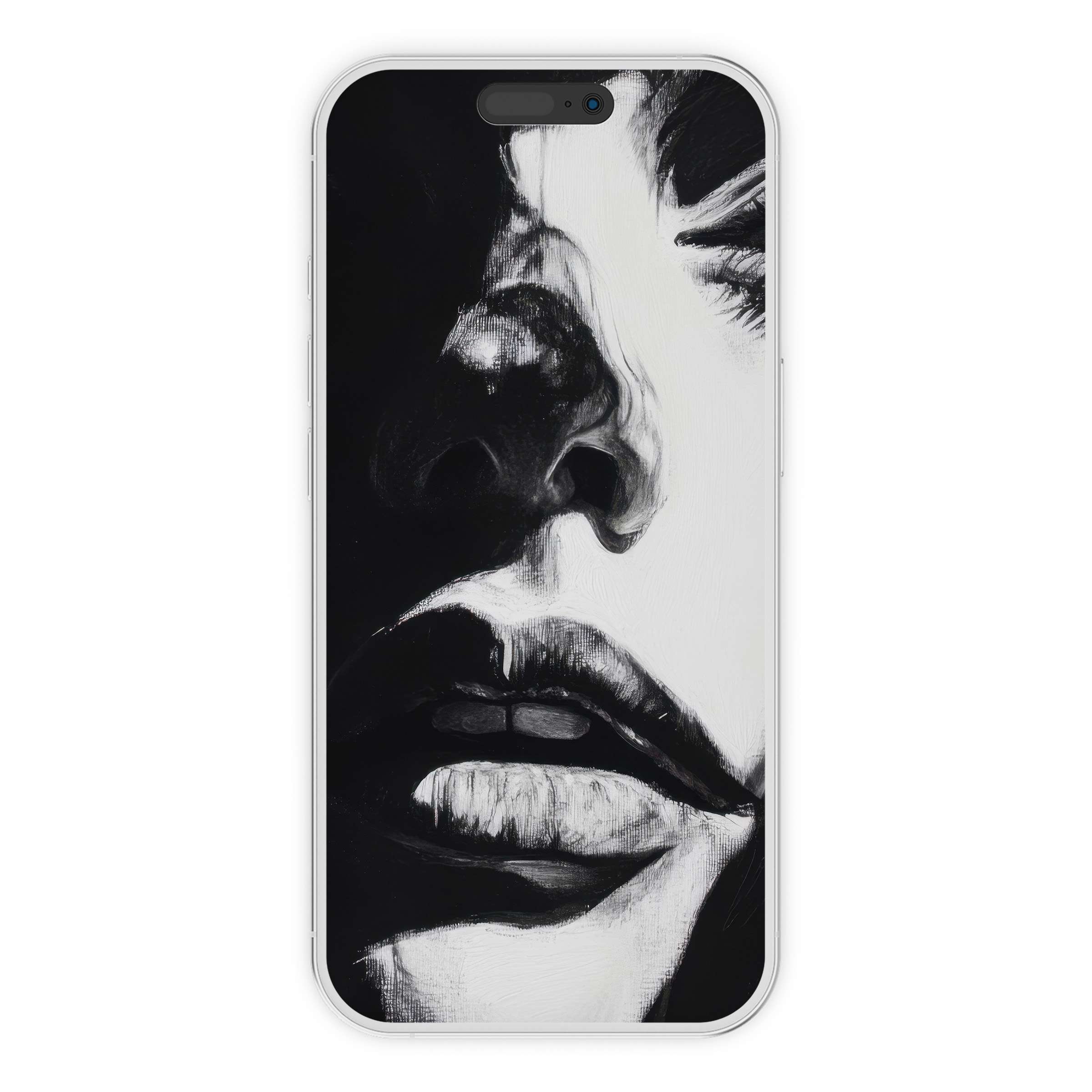 Black and white iPhone wallpaper featuring a dramatic face close-up art for elegant phone backgrounds digital download for all devices