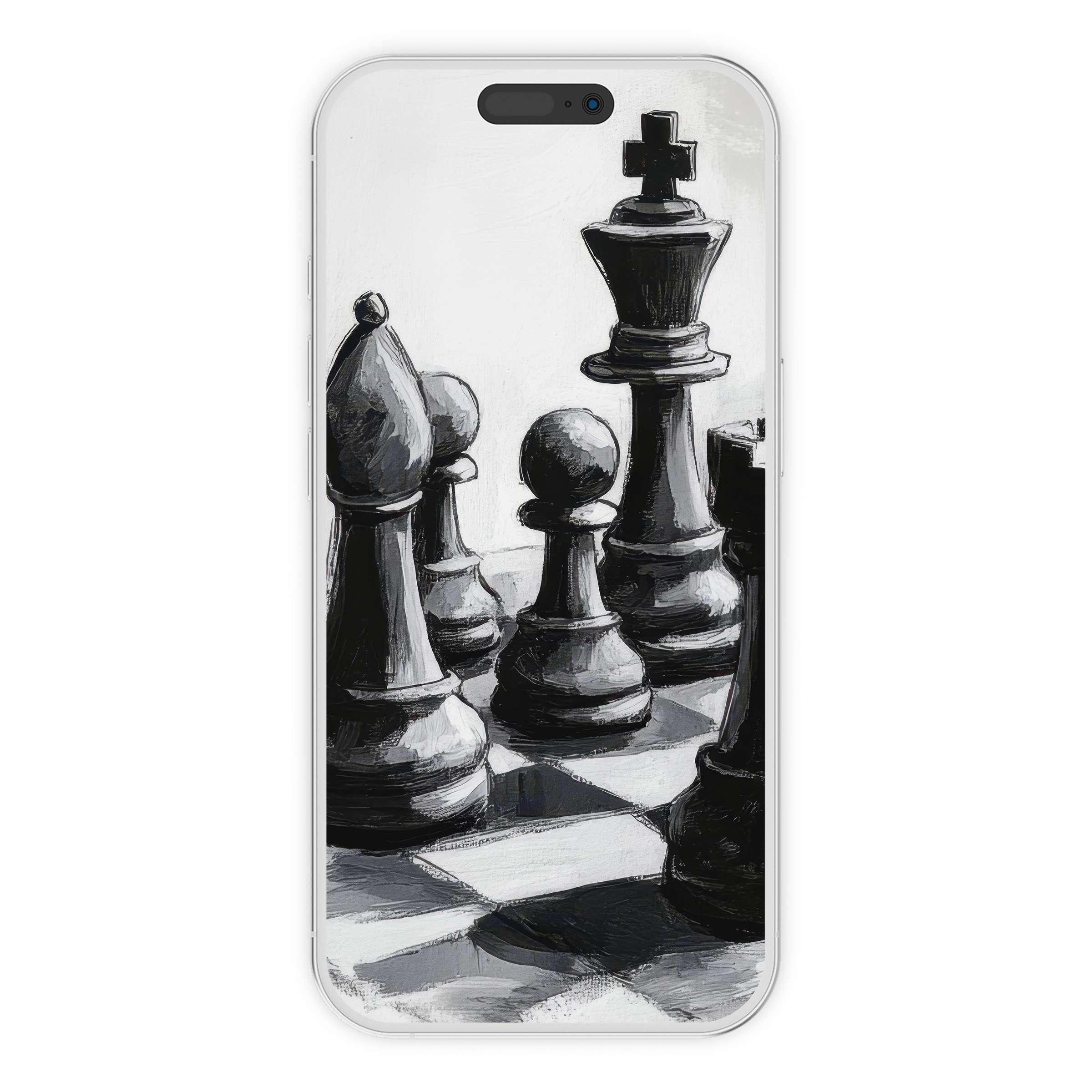 Elegant black and white iPhone wallpaper featuring artistic chess set design, perfect phone background for digital download and style