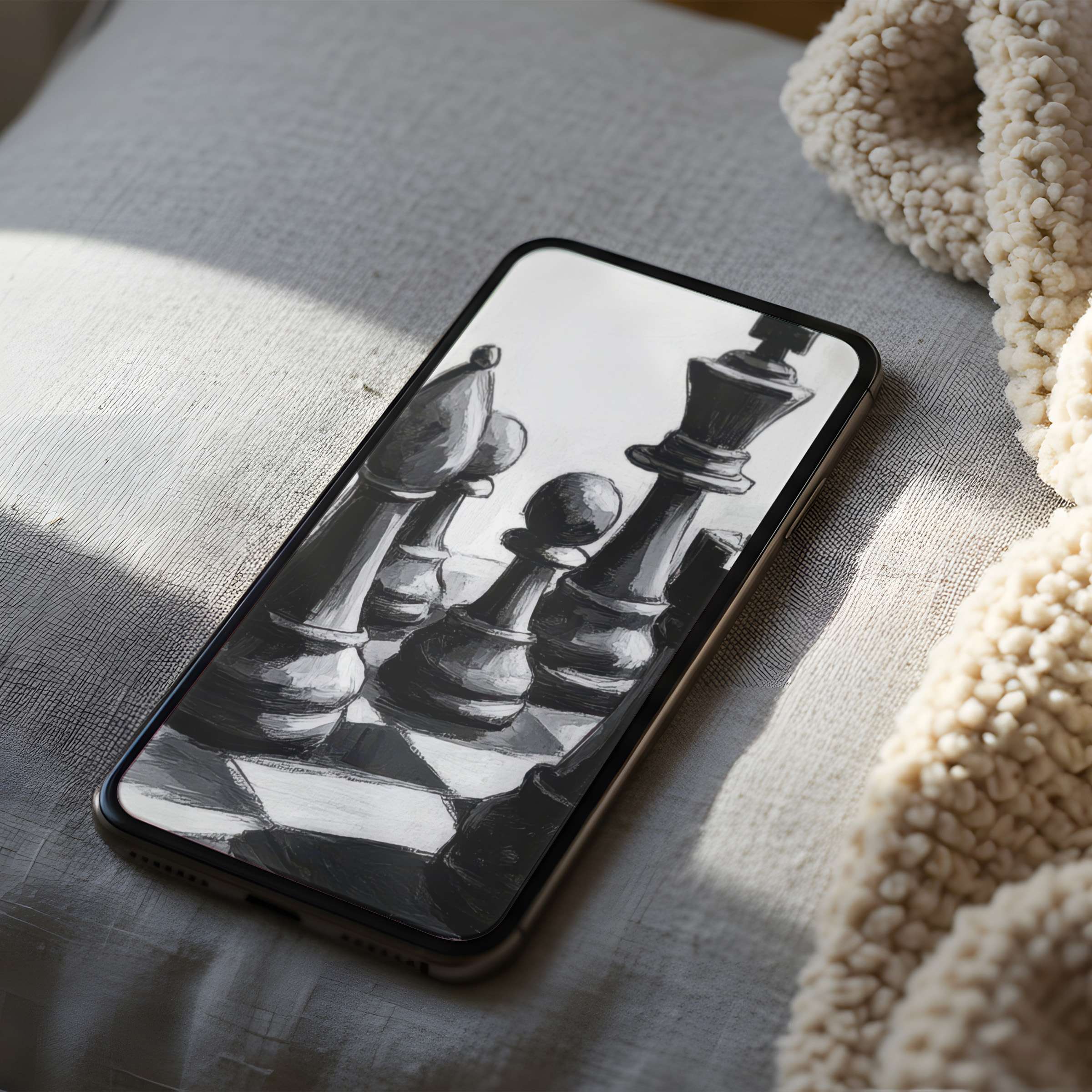 Monochrome chess phone wallpaper offering a serene, high resolution design, ideal for iPhone and Android digital downloads