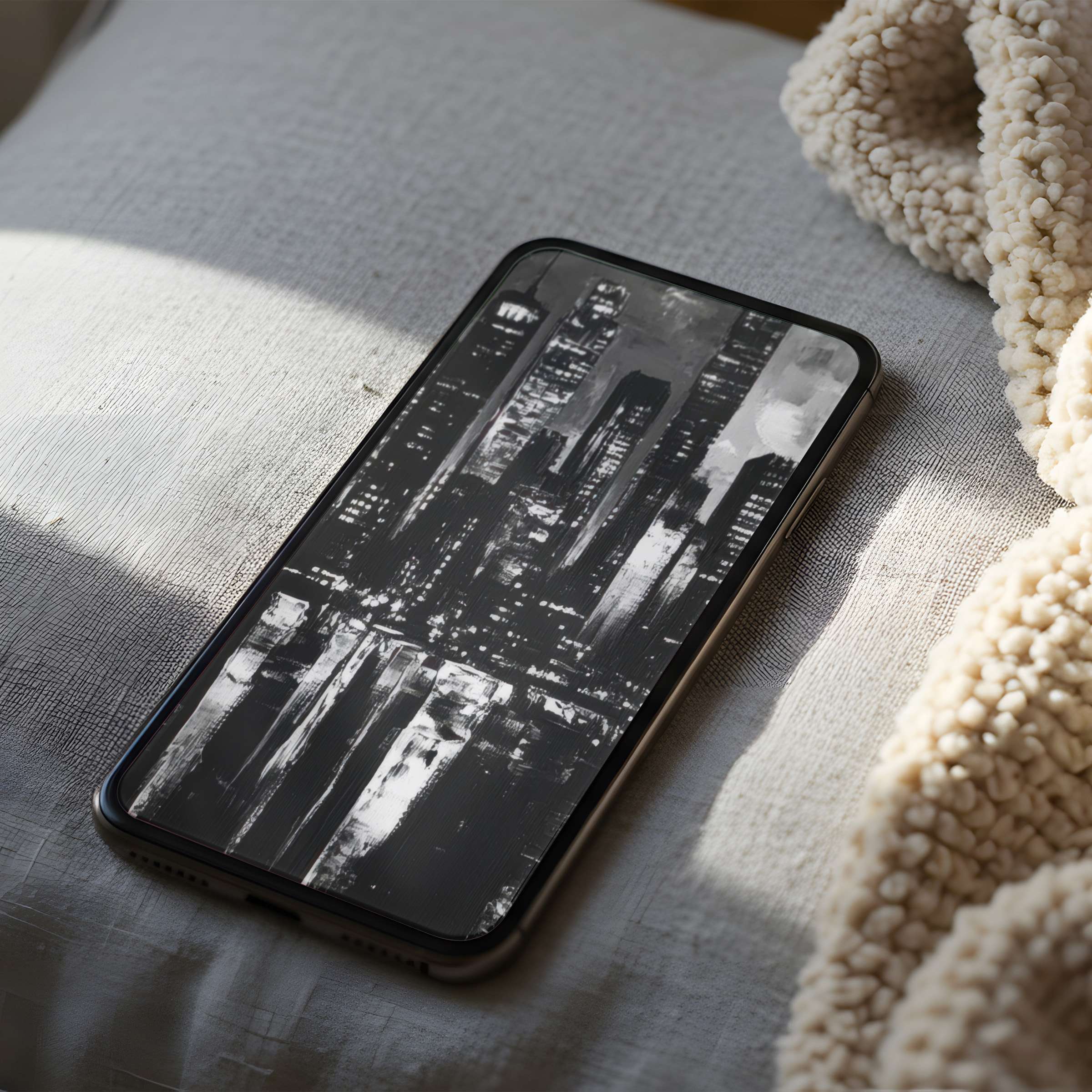 Black and white cityscape phone wallpaper on iPhone offers high resolution elegance for a serene, curated digital download experience