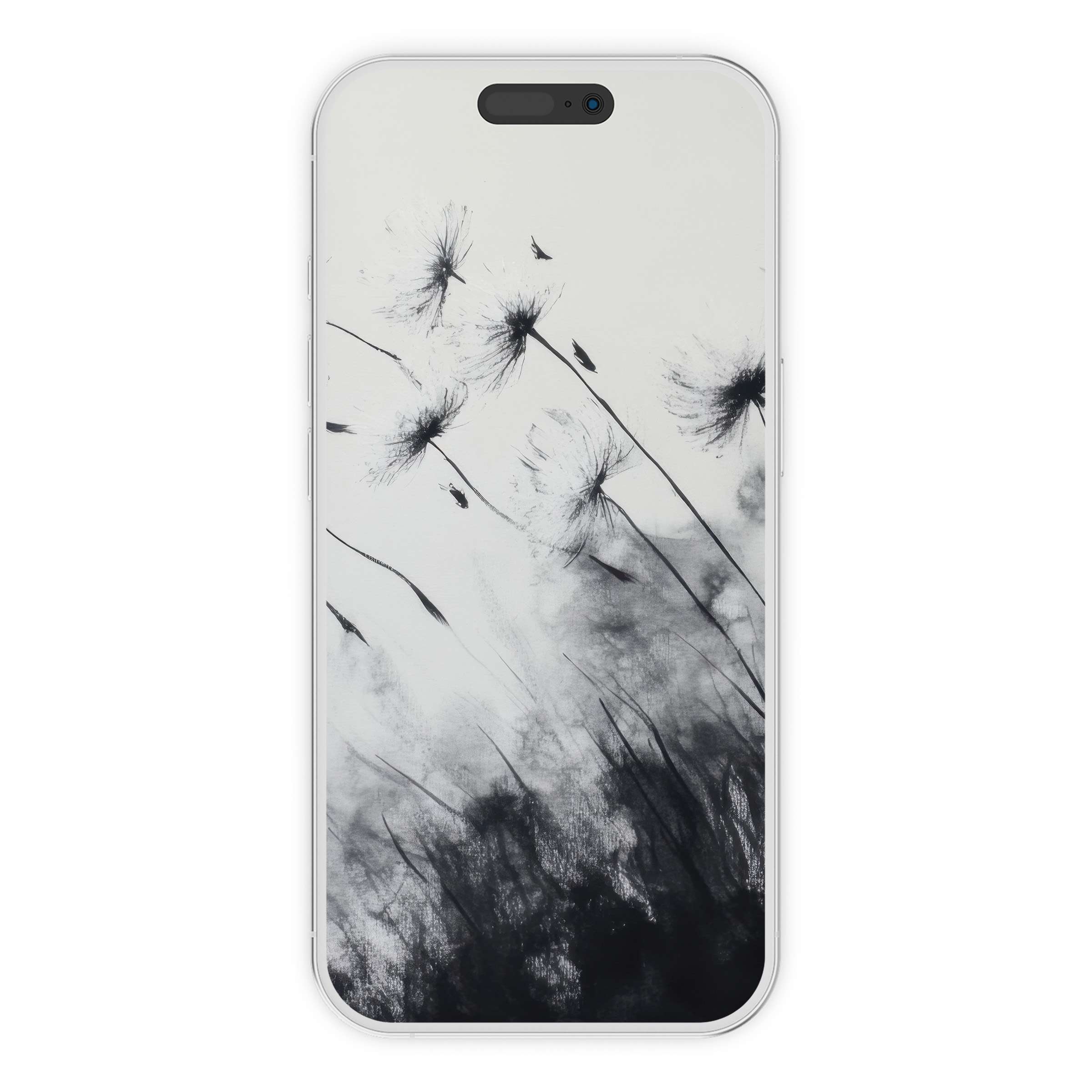 Serene black and white iPhone wallpaper features delicate dandelions in watercolor background, ideal digital download for phone elegance