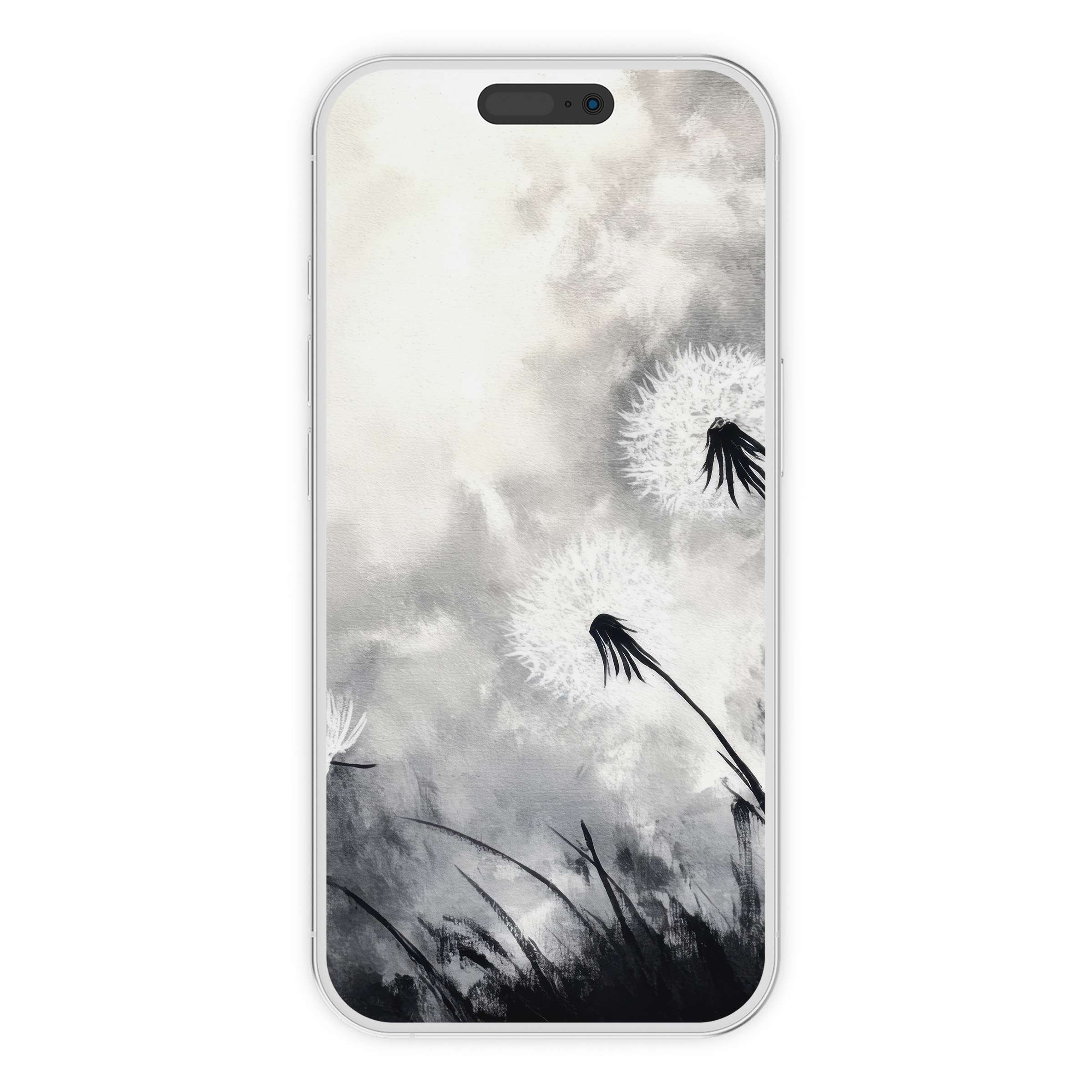 Elegant black and white iPhone wallpaper featuring ethereal dandelions; perfect digital download for phone backgrounds and serene designs