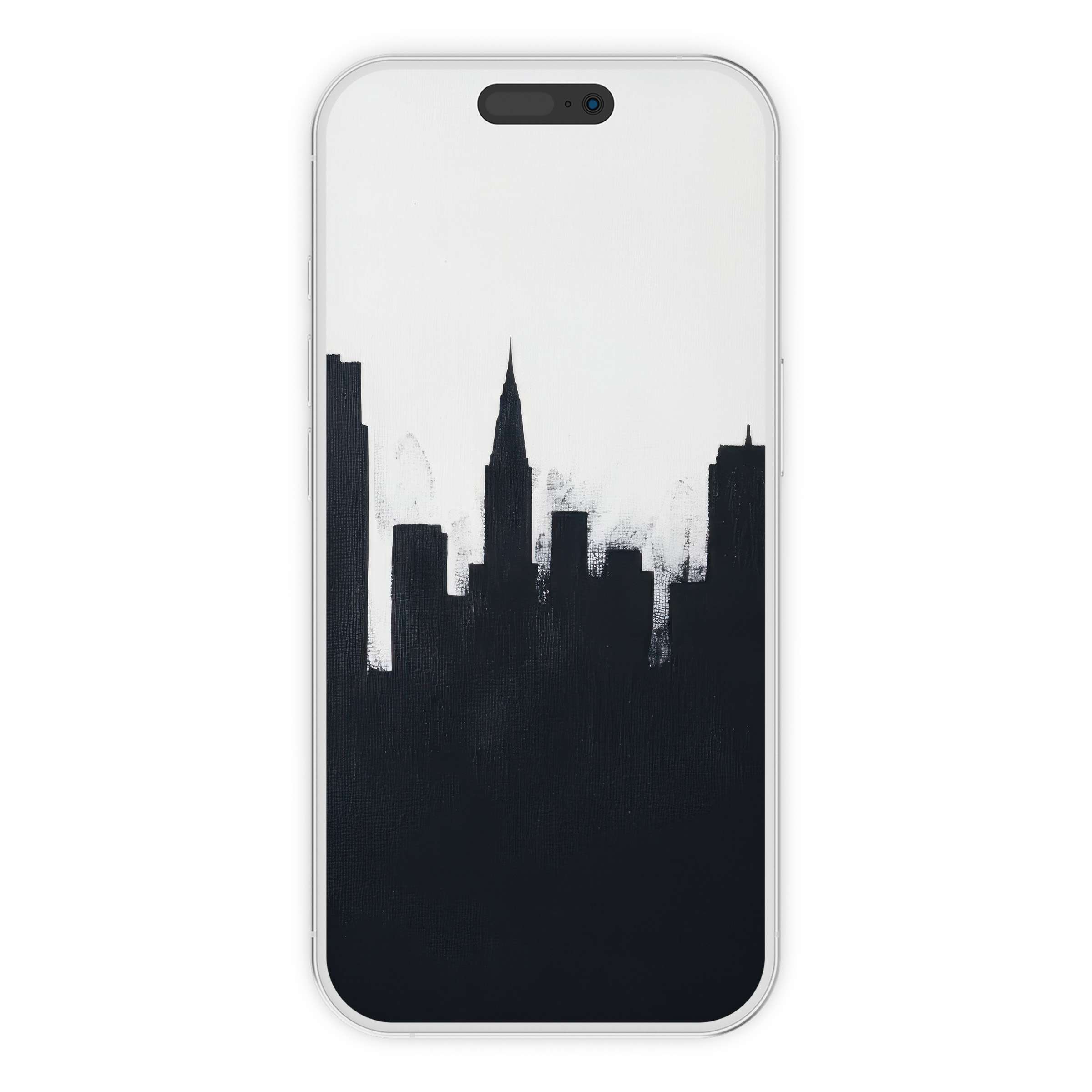 Elegant black and white iPhone wallpaper featuring a city skyline, perfect digital download phone background for a serene, urban vibe