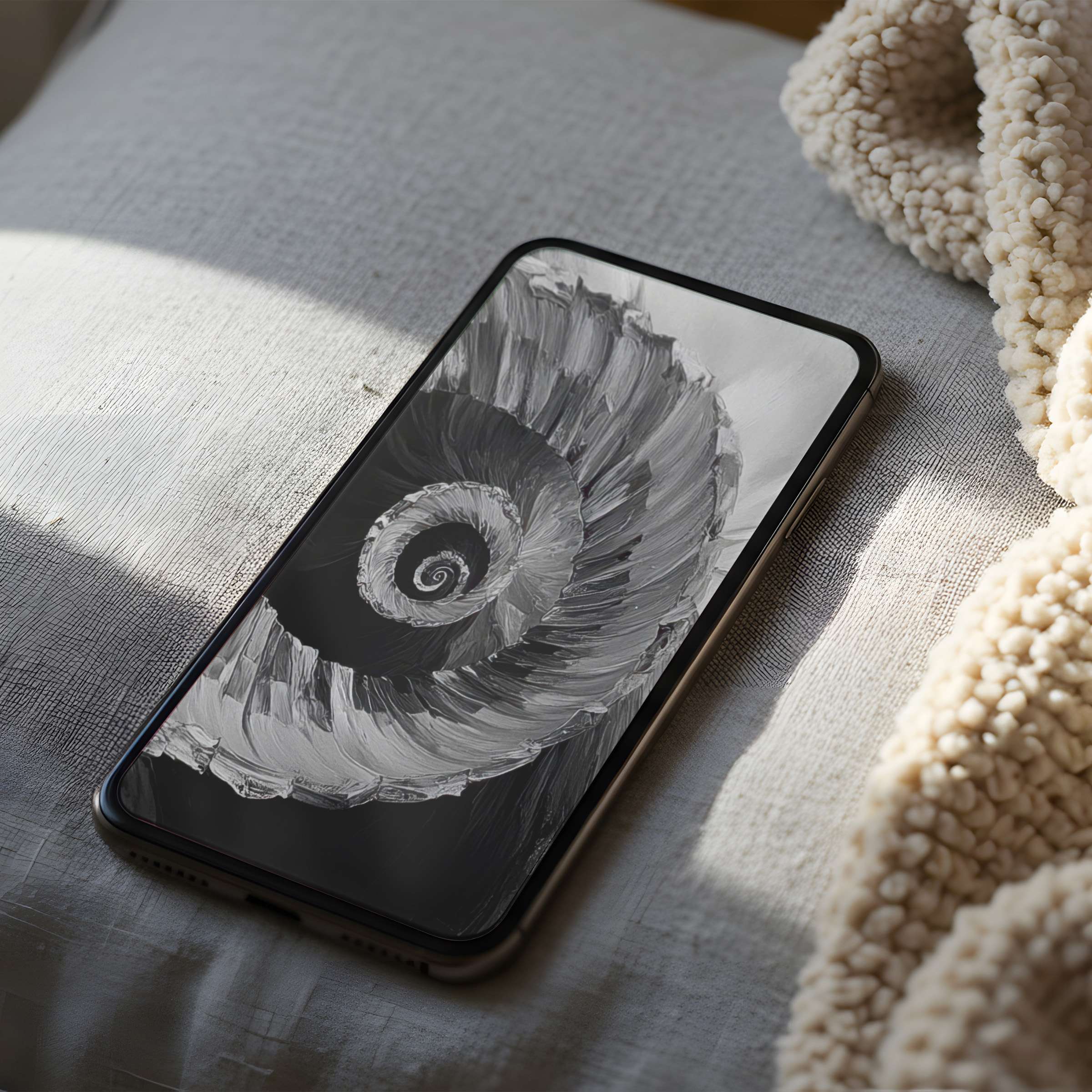 Elegant phone wallpaper featuring a monochrome spiral motif in high resolution nestled on a cozy, woven fabric setting suitable for iPhone and Android