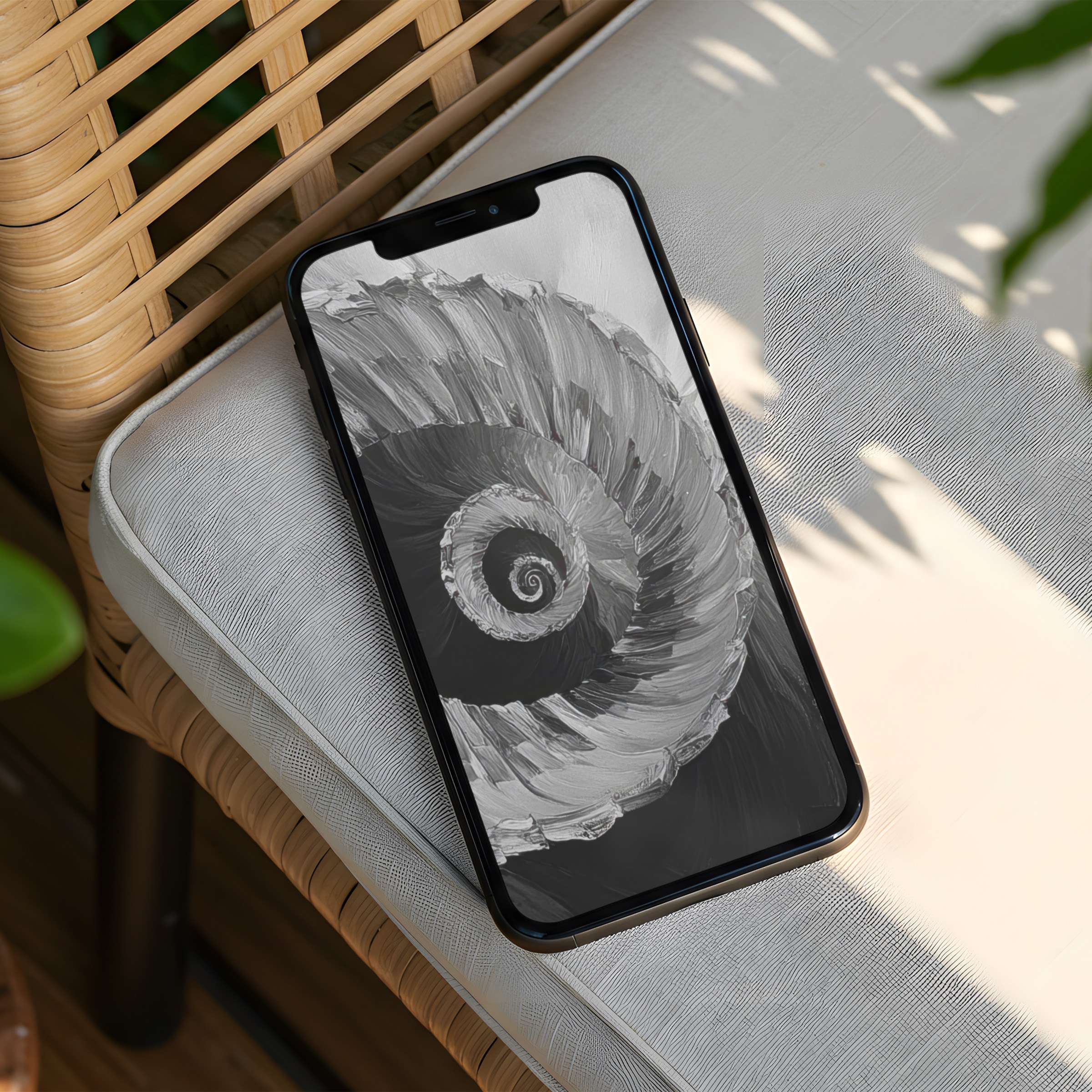 Elegant black and white iPhone background featuring a swirling spiral design for instant download ideal for calming phone aesthetics