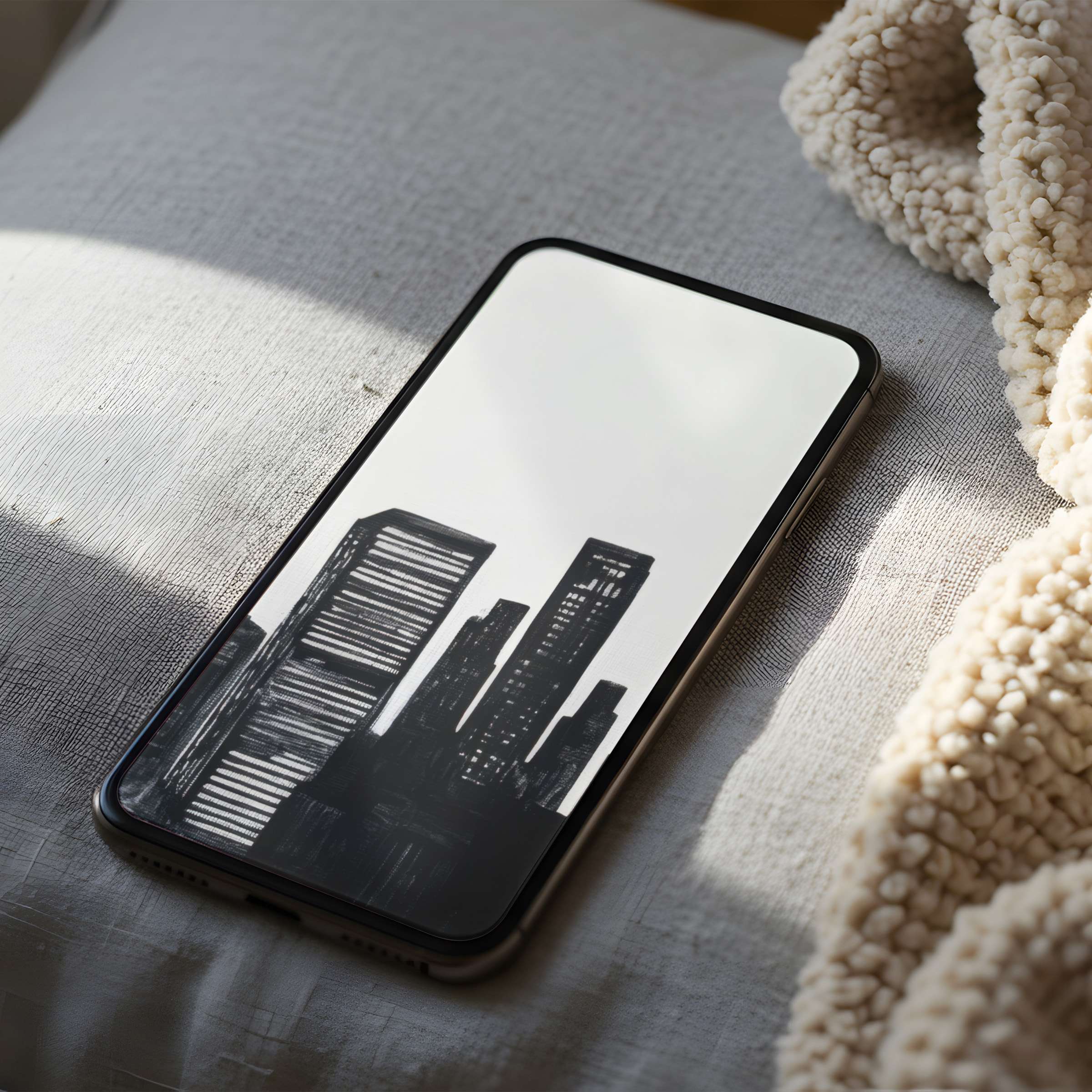 Elegant monochrome cityscape phone wallpaper on bed evokes calm sophistication, ideal high-resolution digital download for iPhone or Android
