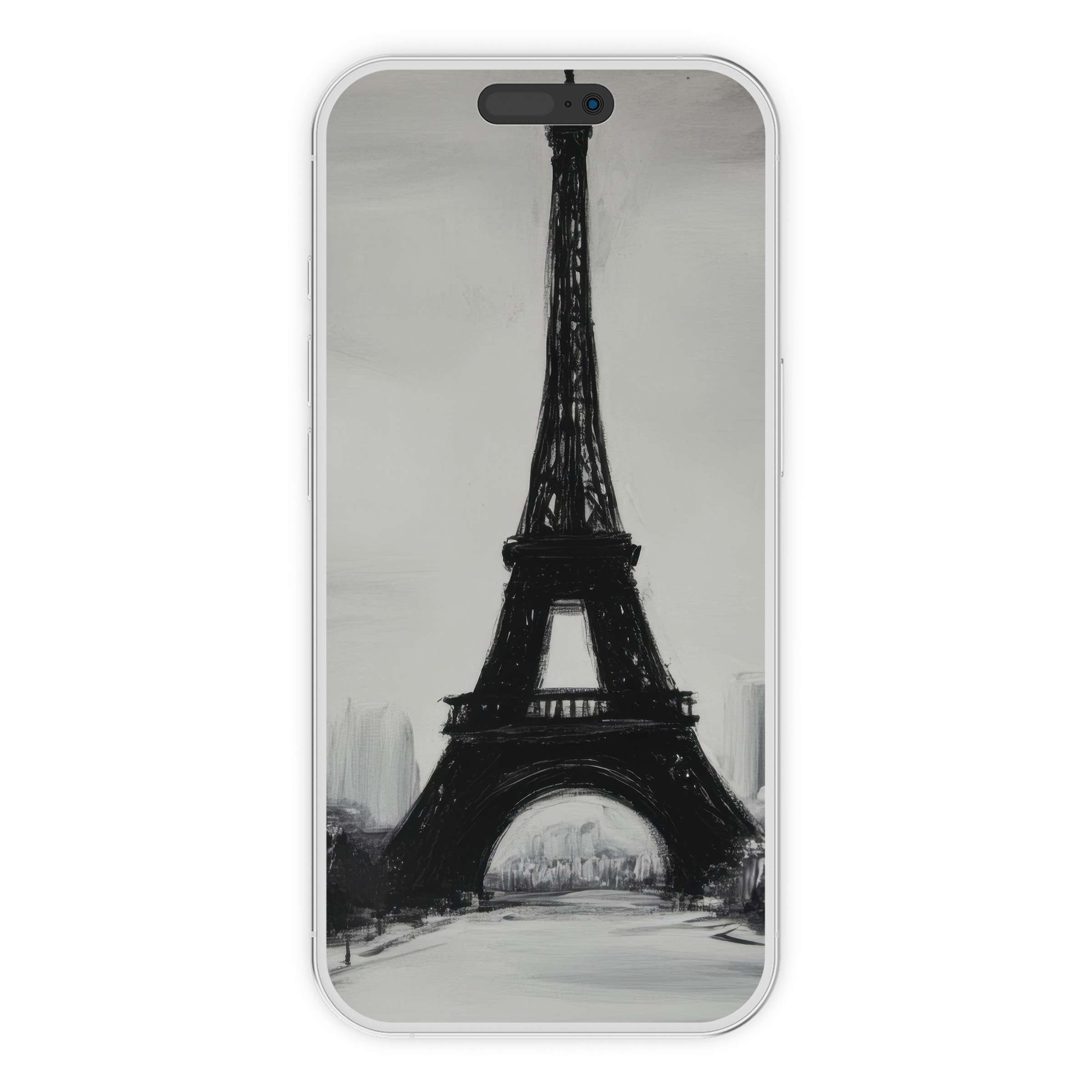 Elegant black and white iPhone wallpaper featuring the Eiffel Tower sketch, offers a serene phone background perfect for digital download