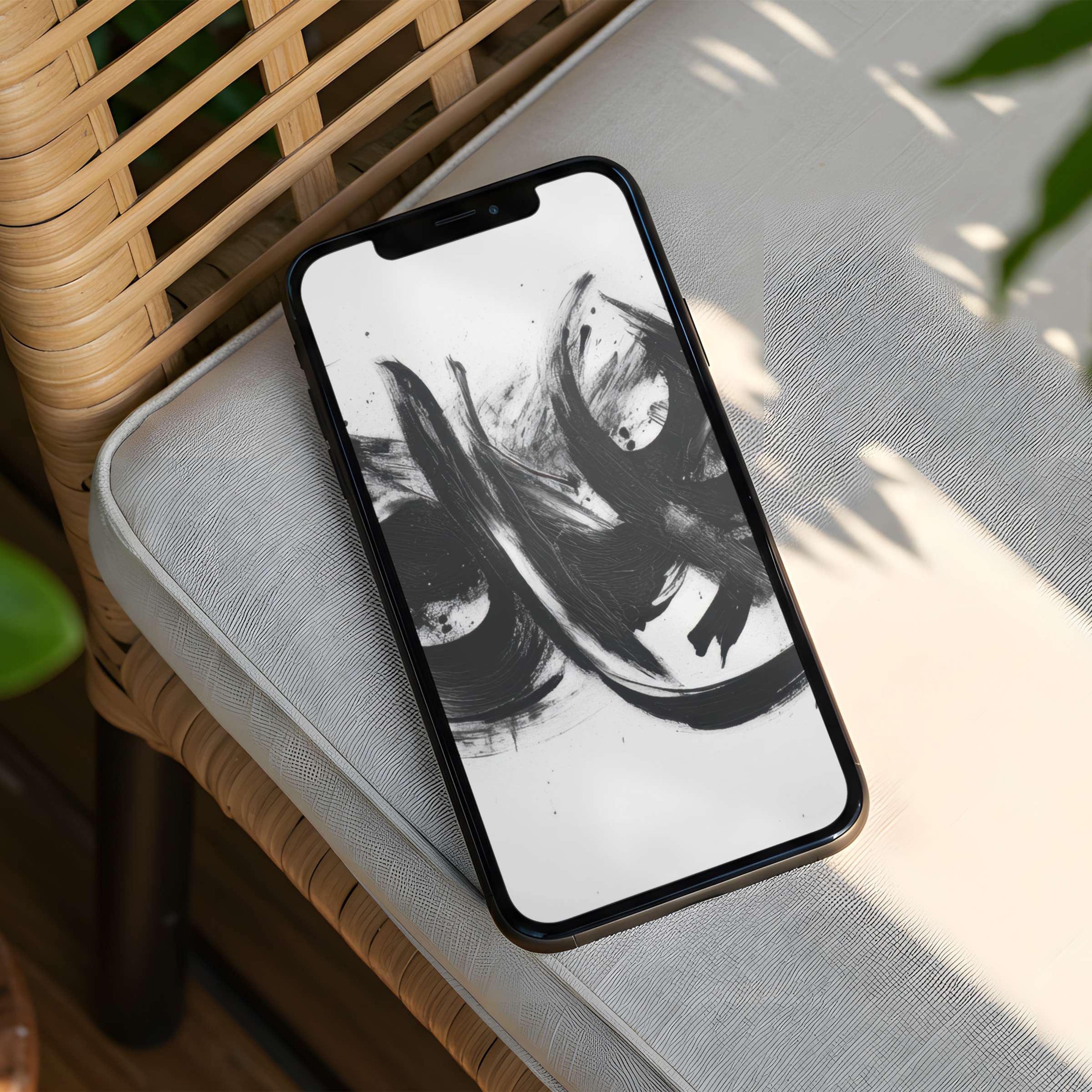Abstract black brushstrokes on a calm white iPhone background inspire elegance and mindfulness available for instant download to your phone