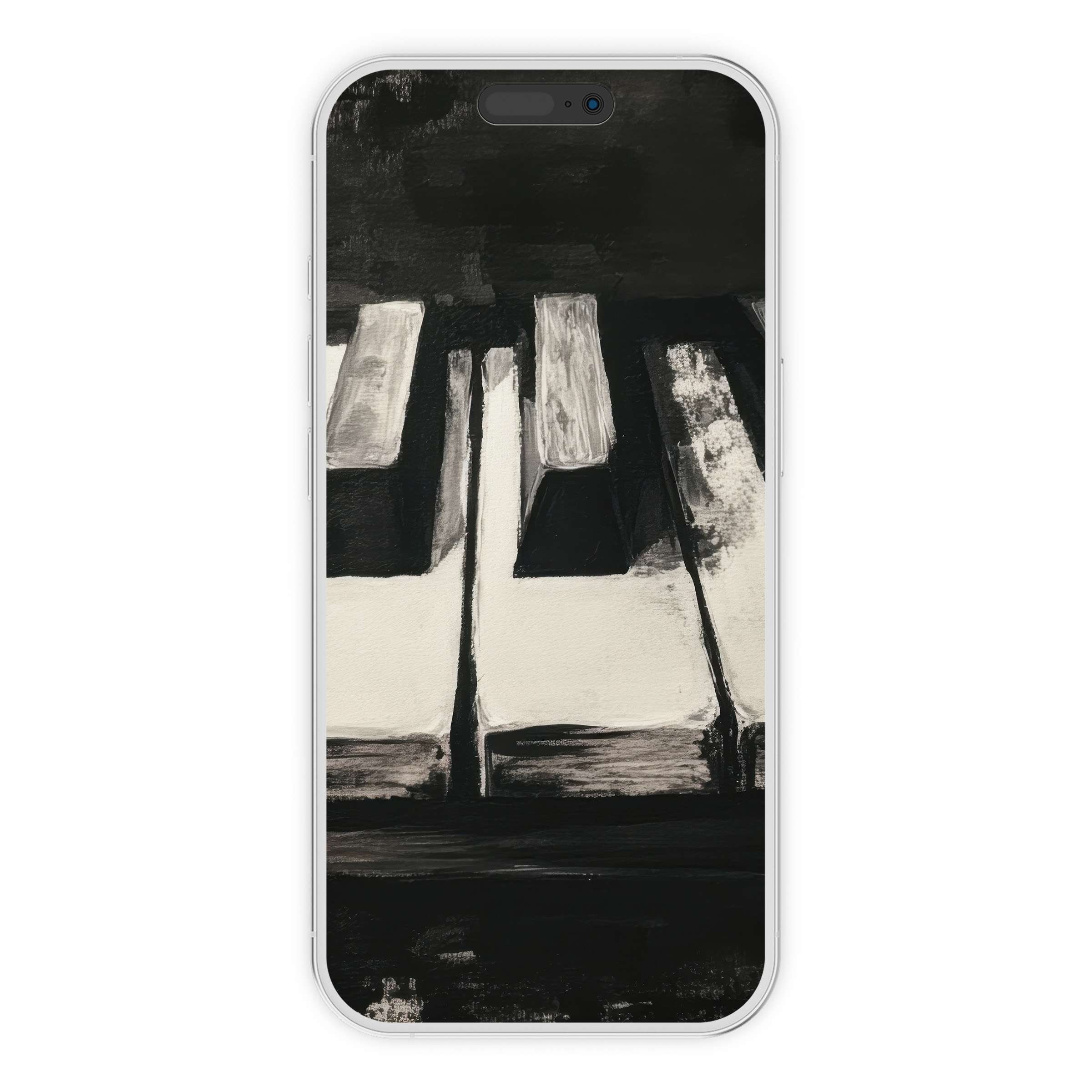 Elegant black and white iPhone wallpaper featuring a piano keys motif, perfect phone background for a calming digital download