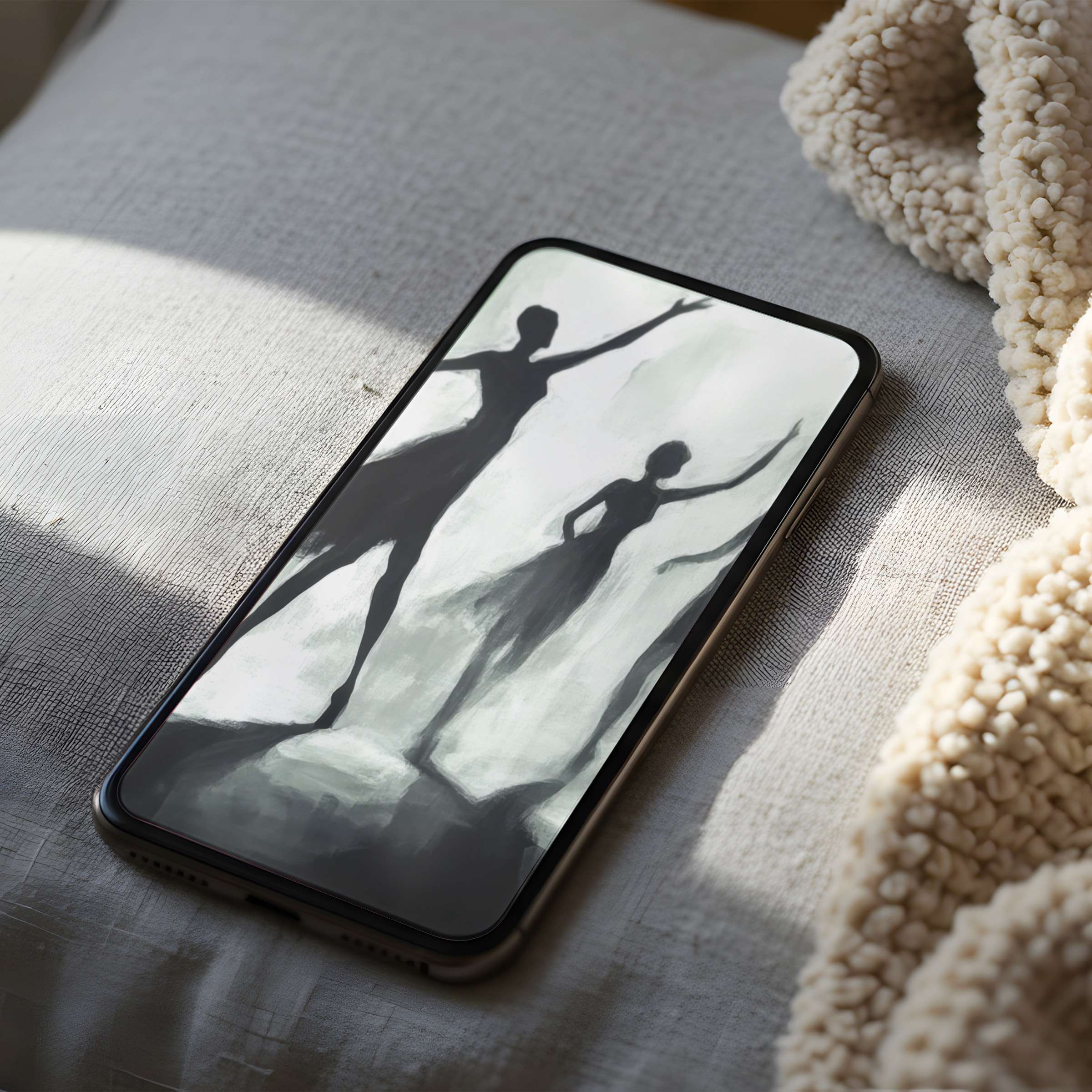 Elegant phone wallpaper of silhouetted dancers on high-resolution digital art creates a serene ambiance for iPhone and Android users