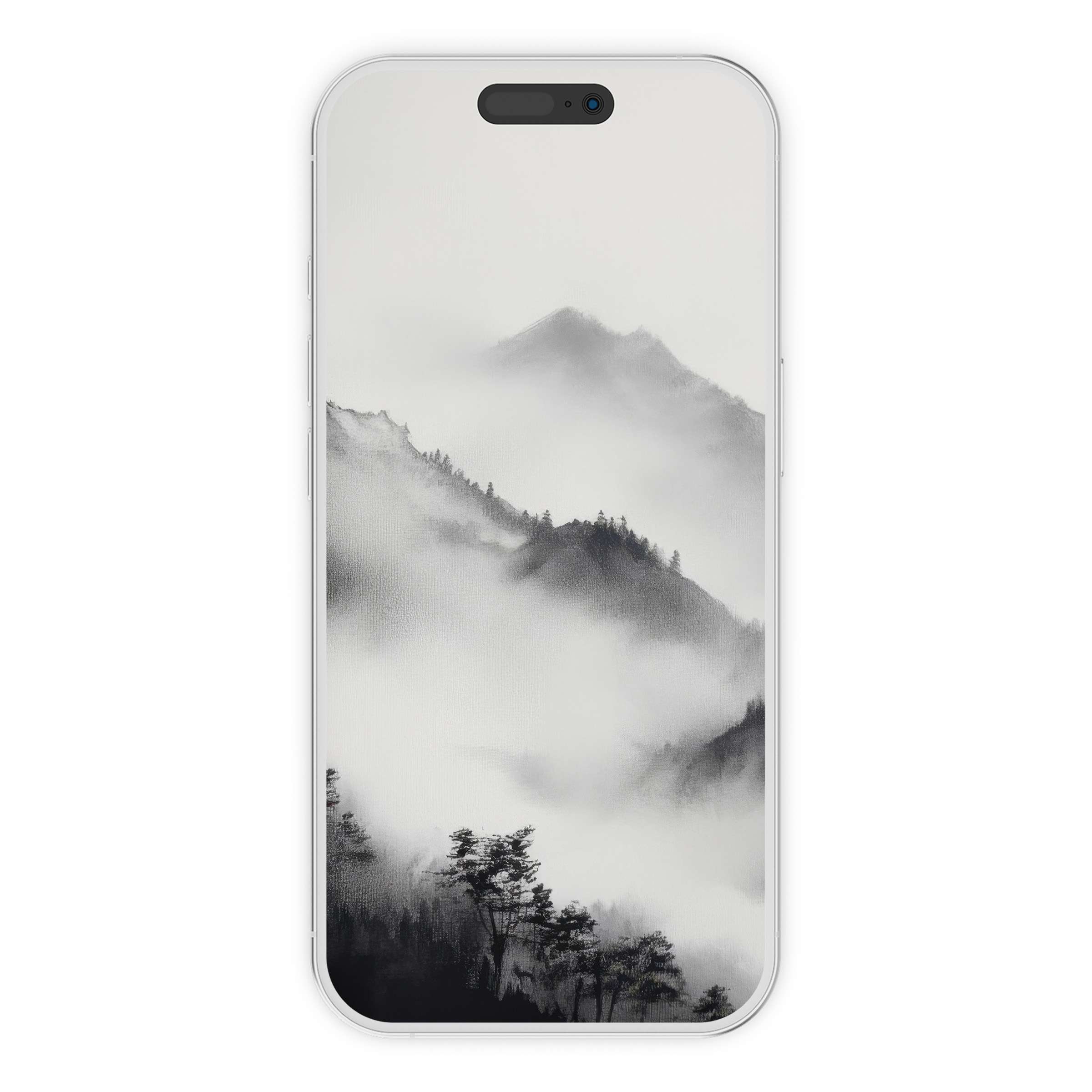 Serene black and white iPhone wallpaper featuring misty mountains and trees offers a calming digital download phone background