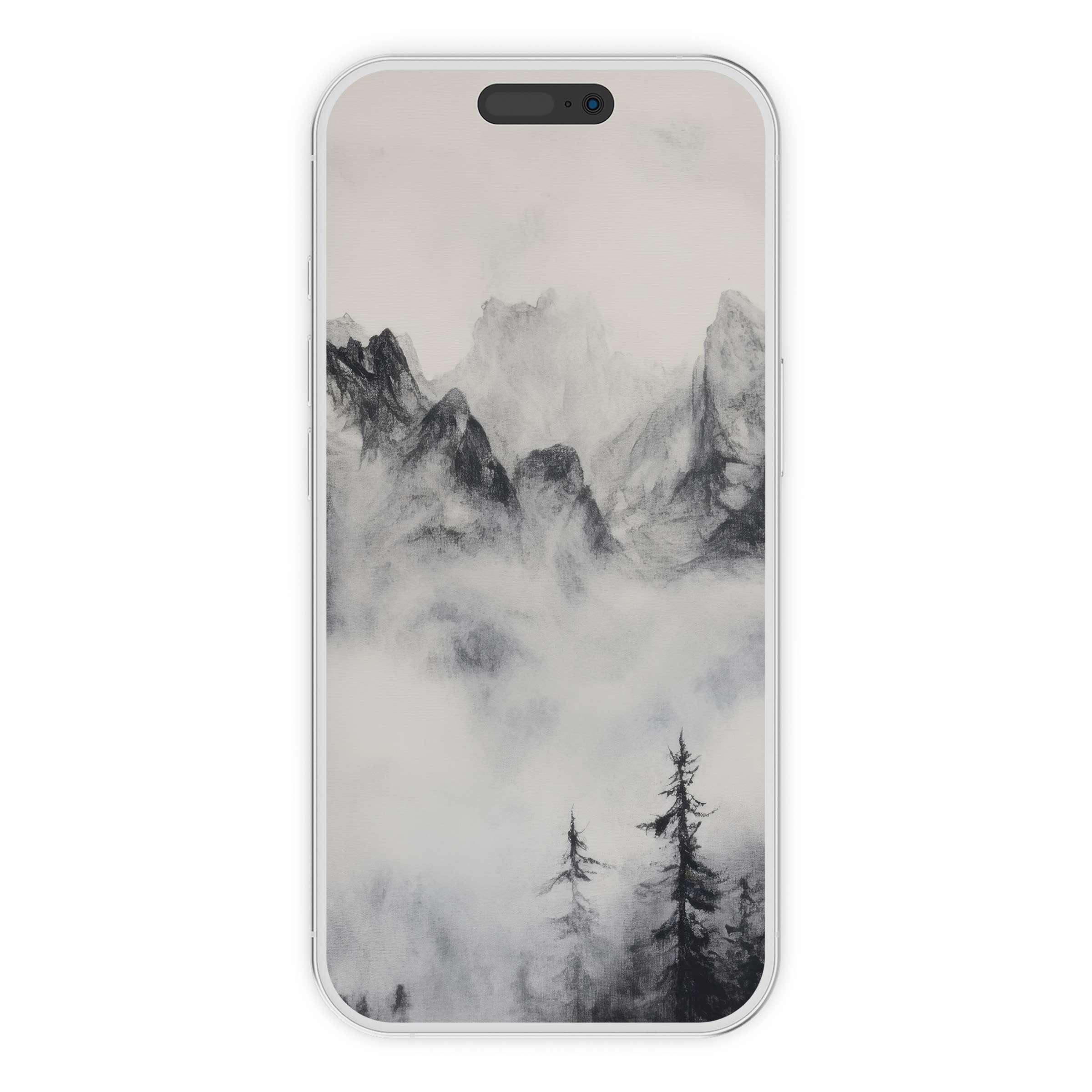 Black and white iPhone wallpaper featuring misty mountains and trees offers a serene digital download for a tranquil phone background