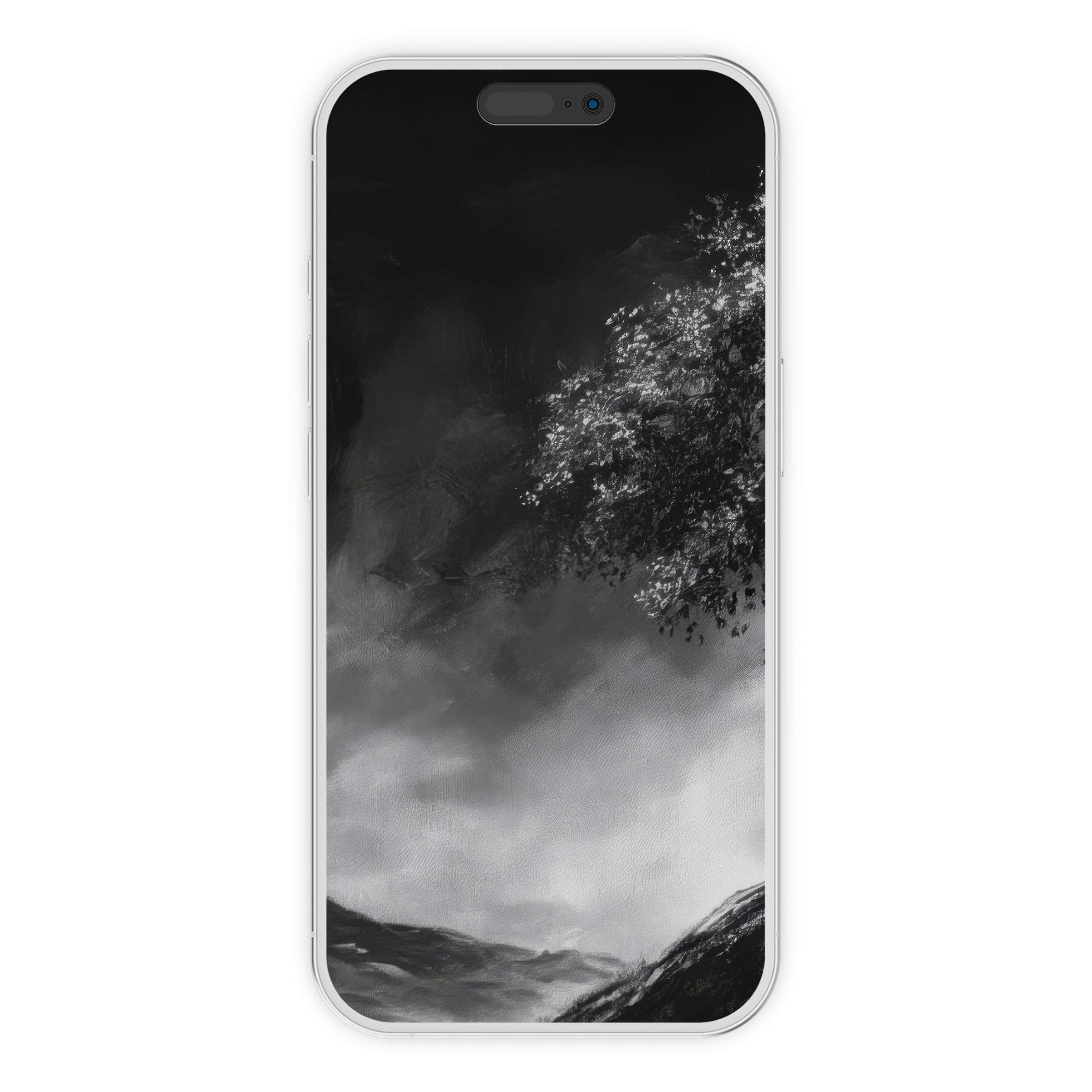 Elegant black and white iPhone wallpaper featuring misty landscapes and trees creates a calming phone background digital download suitable for Android