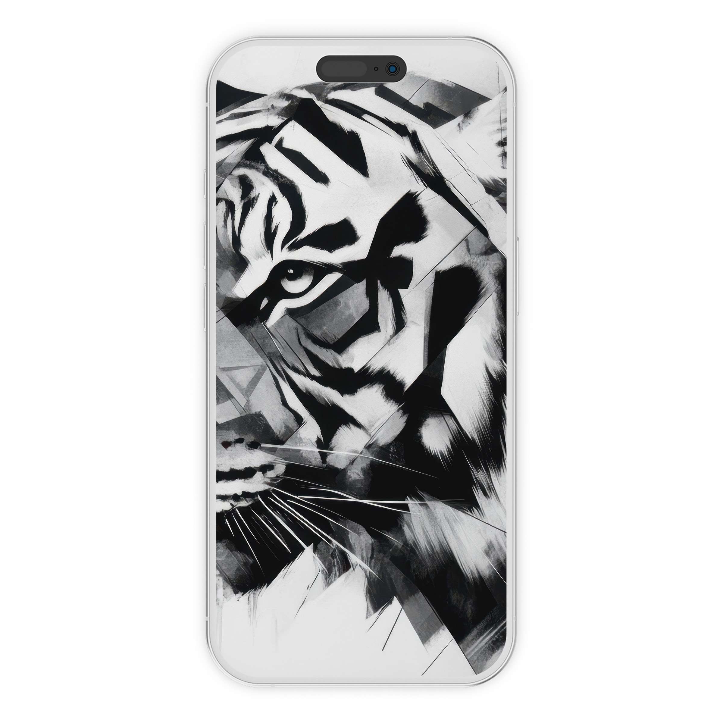 Elegant black and white iPhone wallpaper featuring a geometric tiger design offers a calming digital download phone background suitable for Android