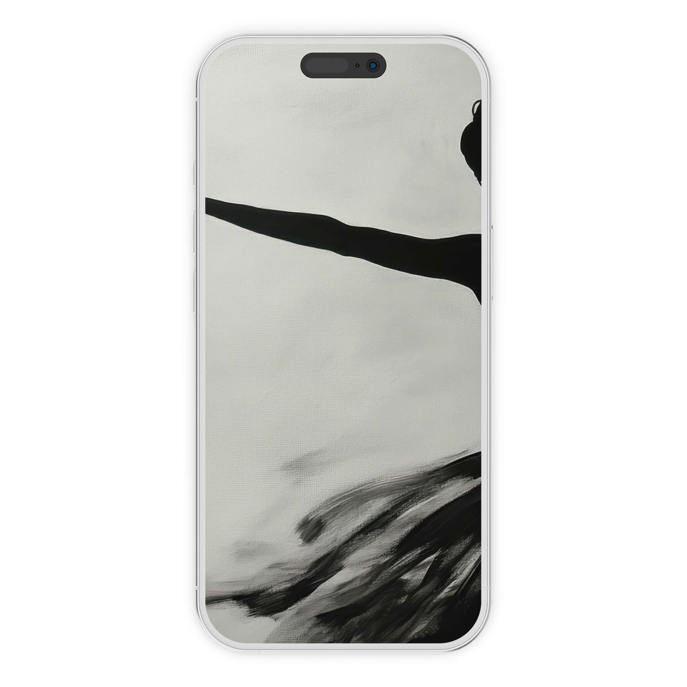 Elegant black and white iPhone wallpaper of a dancer in motion, perfect digital download phone background for serenity seekers