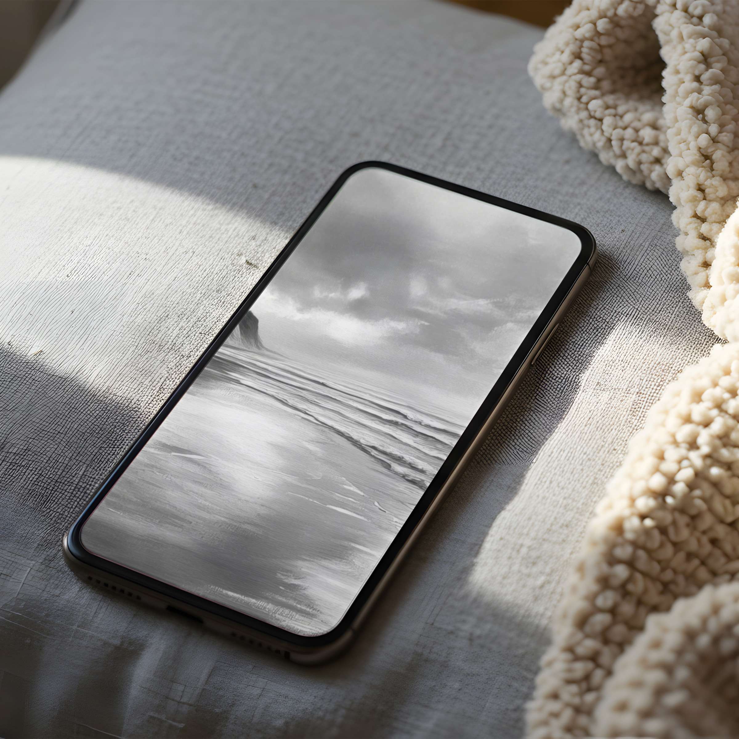 Elegant monochrome beach scene phone wallpaper in high resolution on a cozy bed background ideal for iPhone or Android download