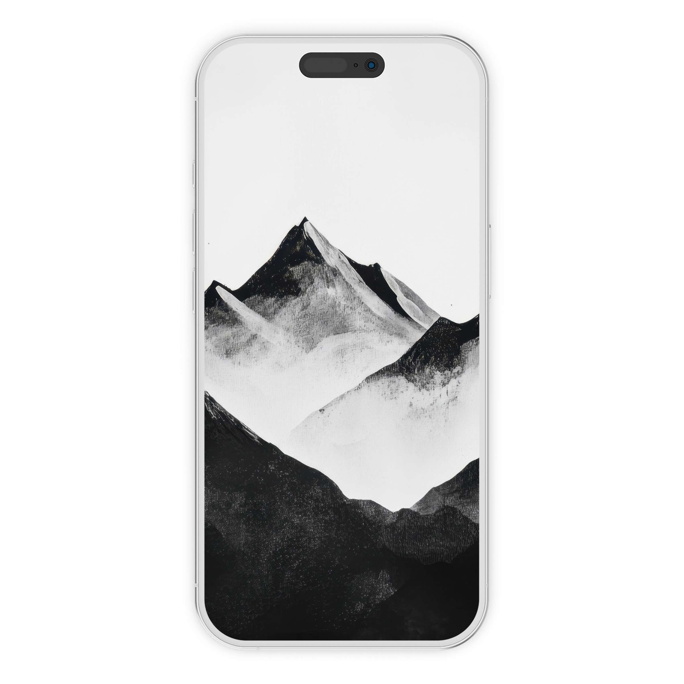 Elegant black and white iPhone wallpaper featuring serene mountain peaks, perfect phone background for digital download and tranquility