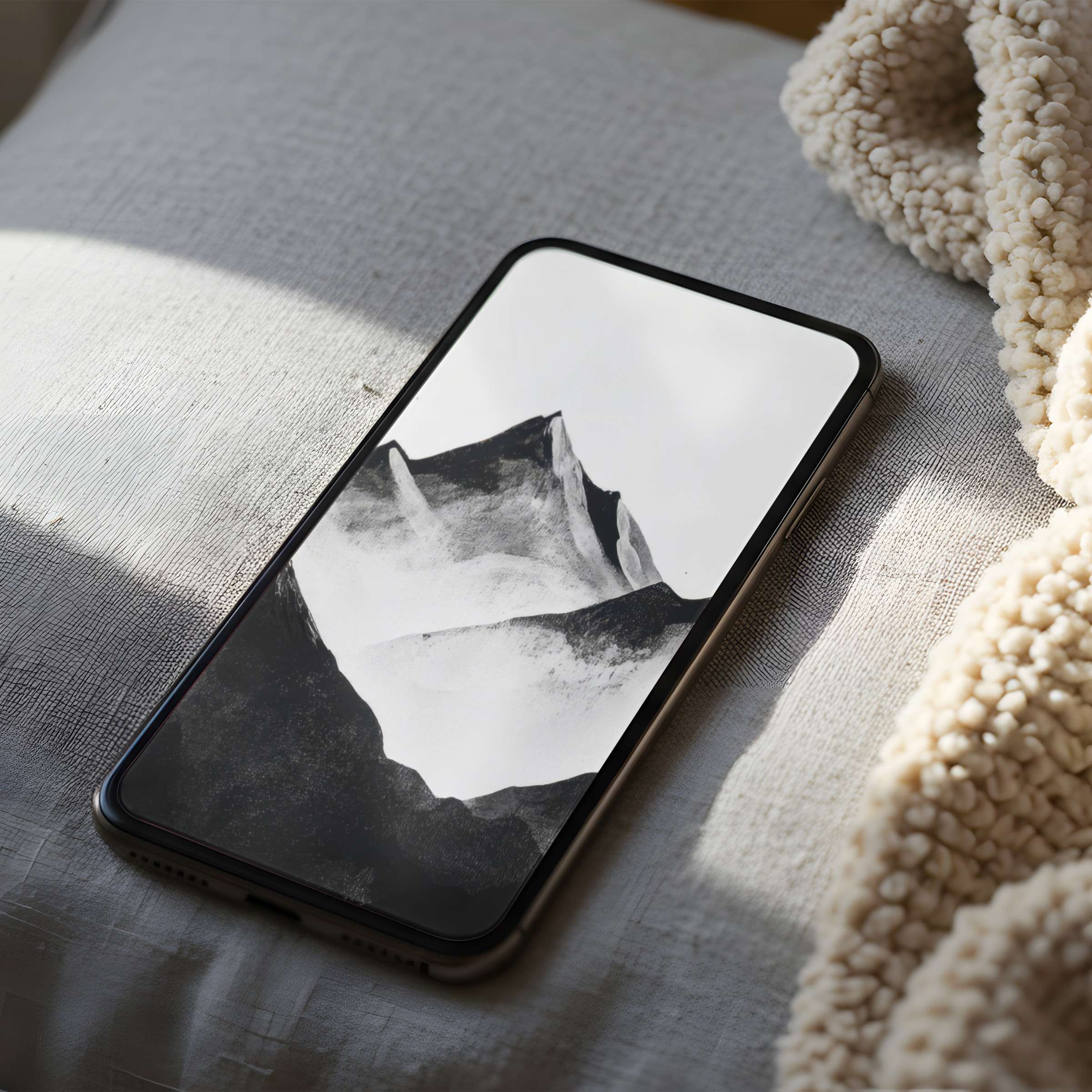Elegant black and white phone wallpaper features a tranquil mountain abstract, perfect for high resolution iPhone or Android download