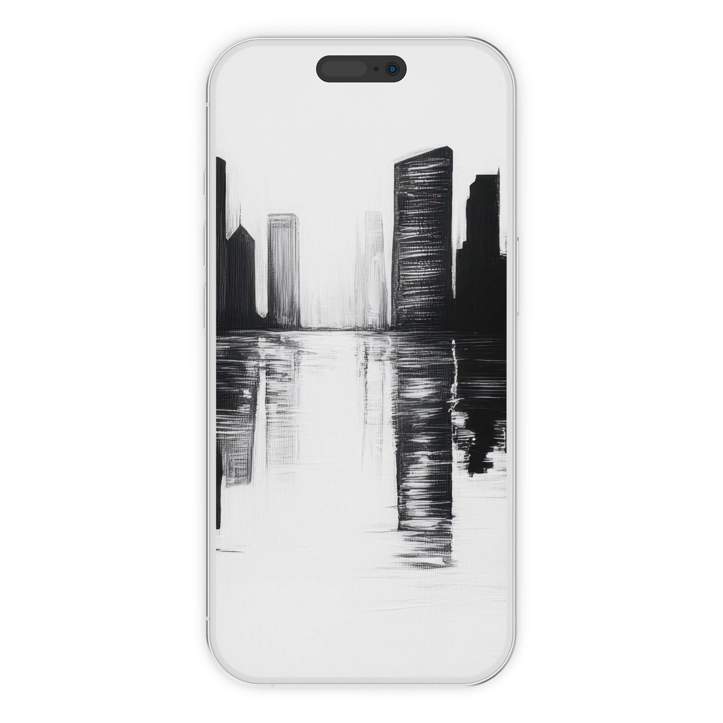 Elegant black and white iPhone wallpaper showcases a serene cityscape reflection perfect as a digital download phone background