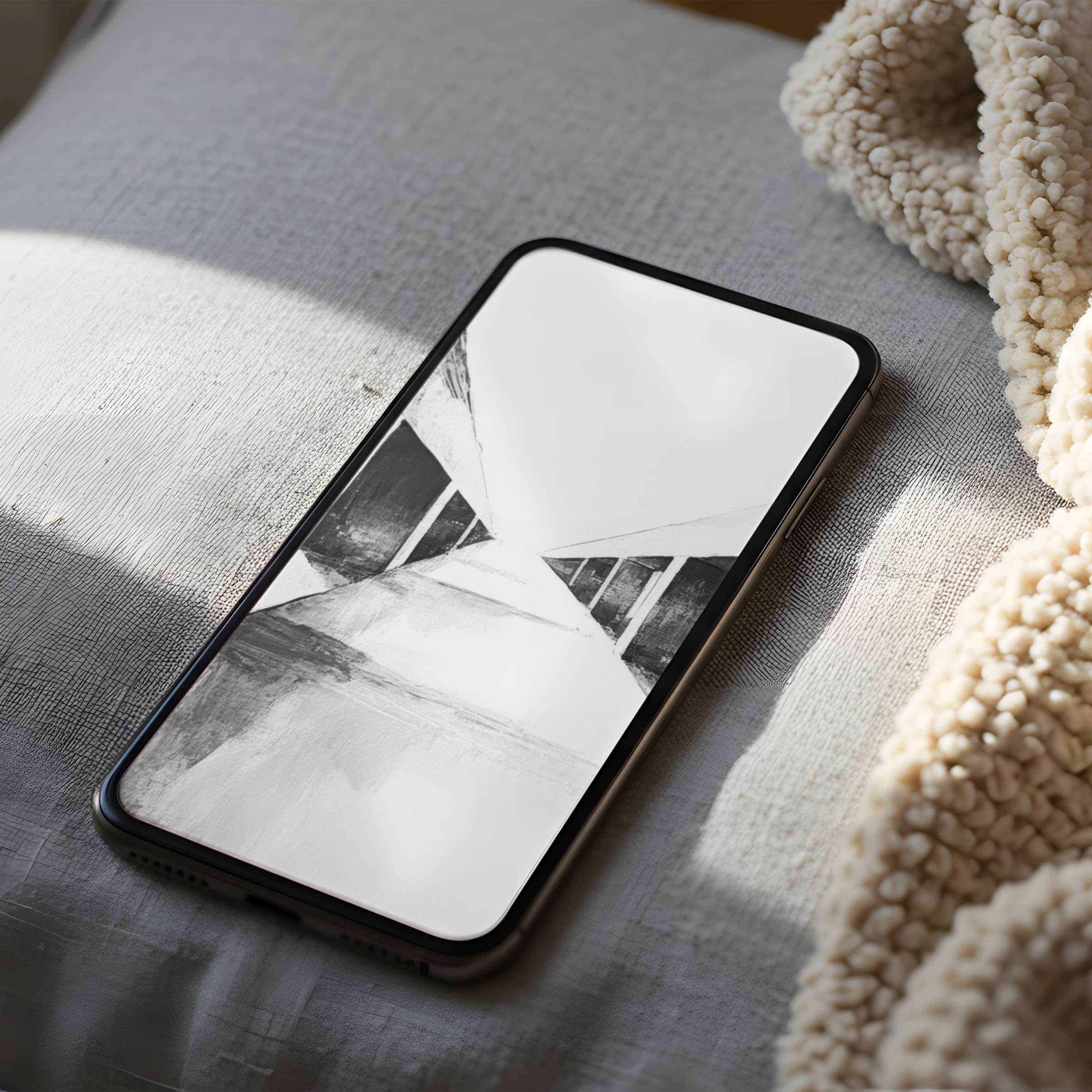 Minimalist black and white phone wallpaper showcasing abstract architecture motif on soft fabric, perfect for iPhone and Android, instant download