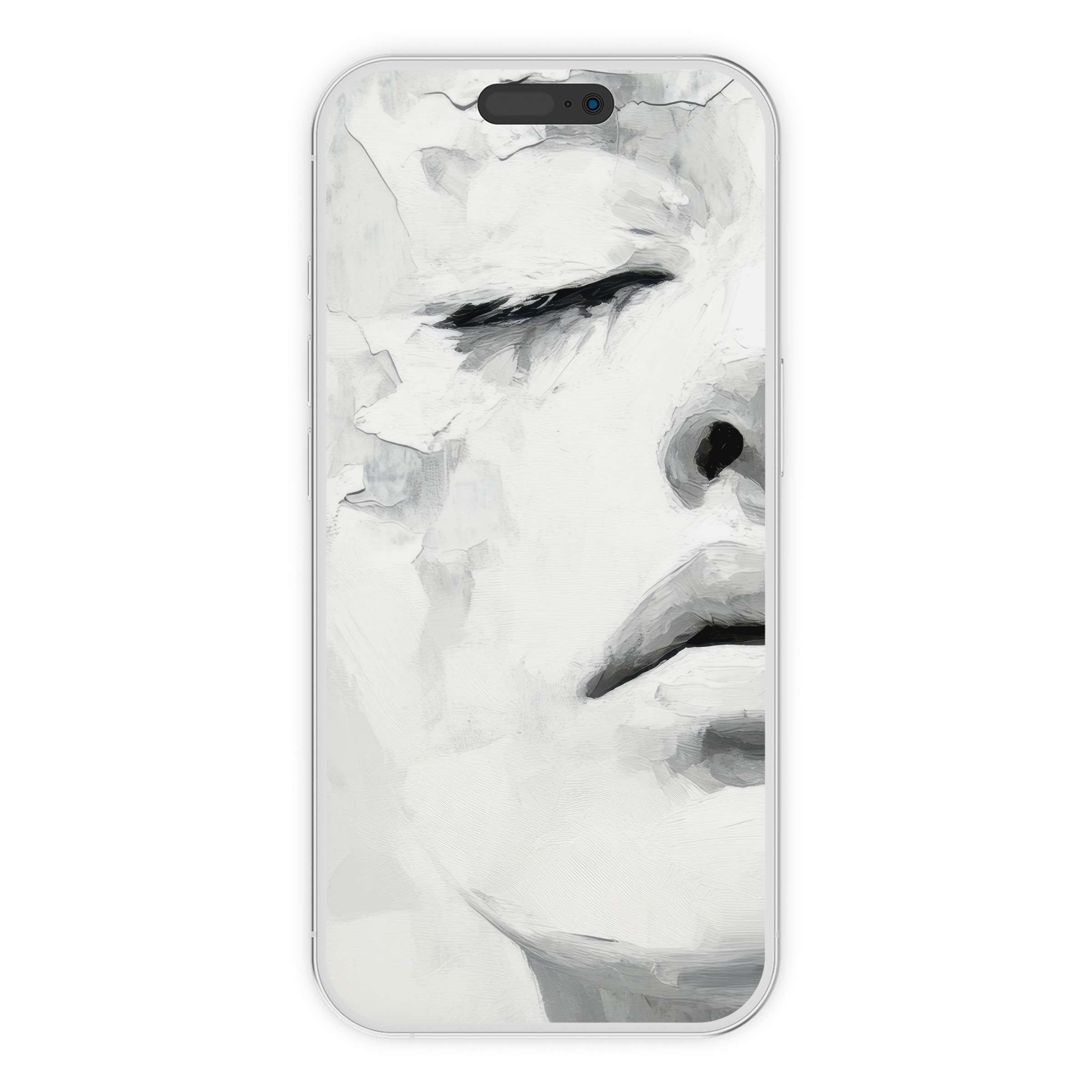 Elegant black and white iPhone wallpaper featuring serene abstract face art for phone background digital download suitable for any device