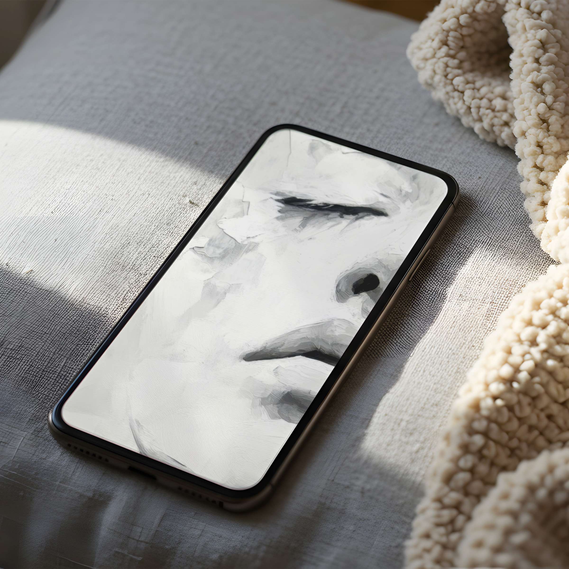 Abstract face phone wallpaper with calming grayscale hues, ideal for high-resolution iPhone and Android, offering elegant digital download