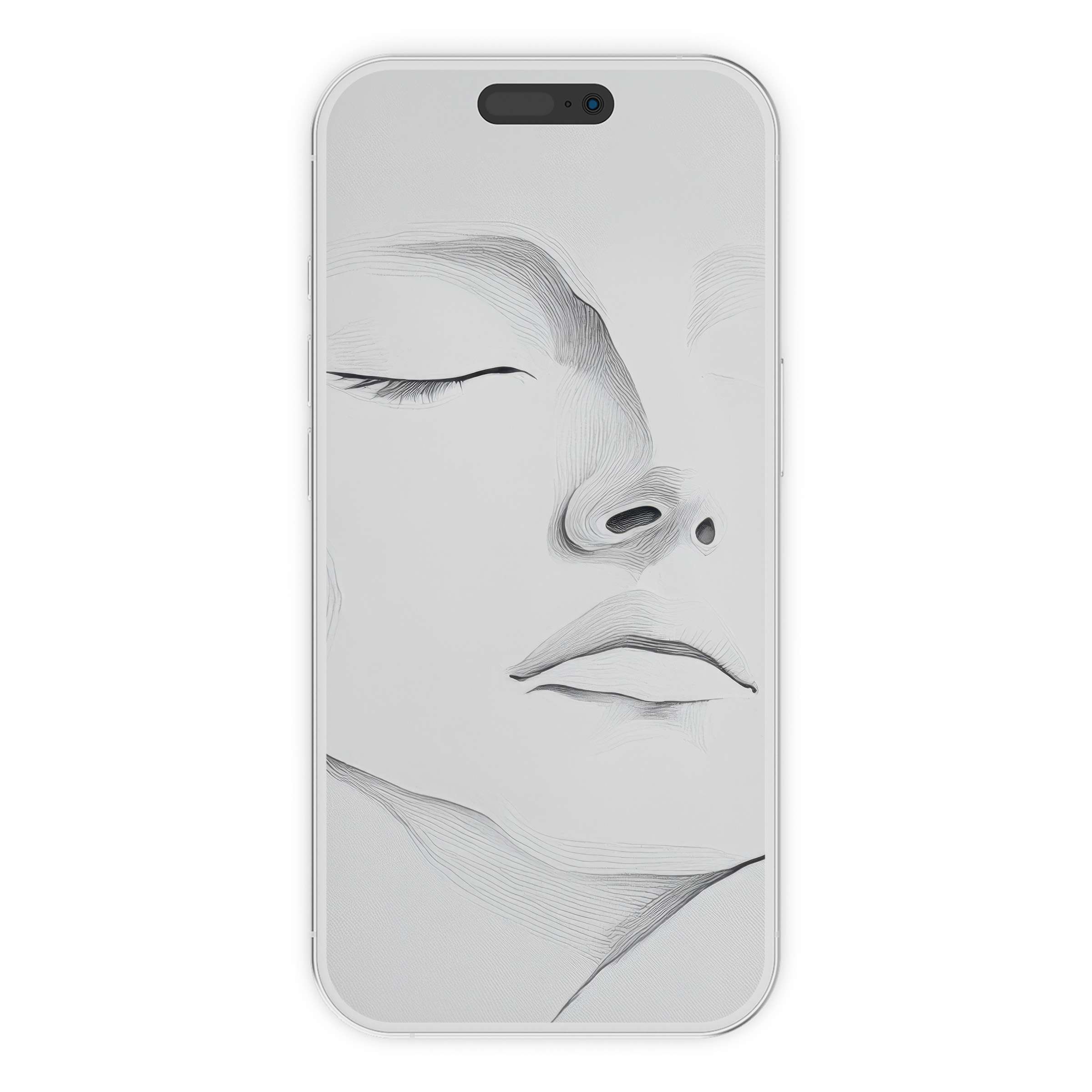 Elegant black and white iPhone wallpaper featuring serene face contours, perfect digital download for phone background and tranquility seekers
