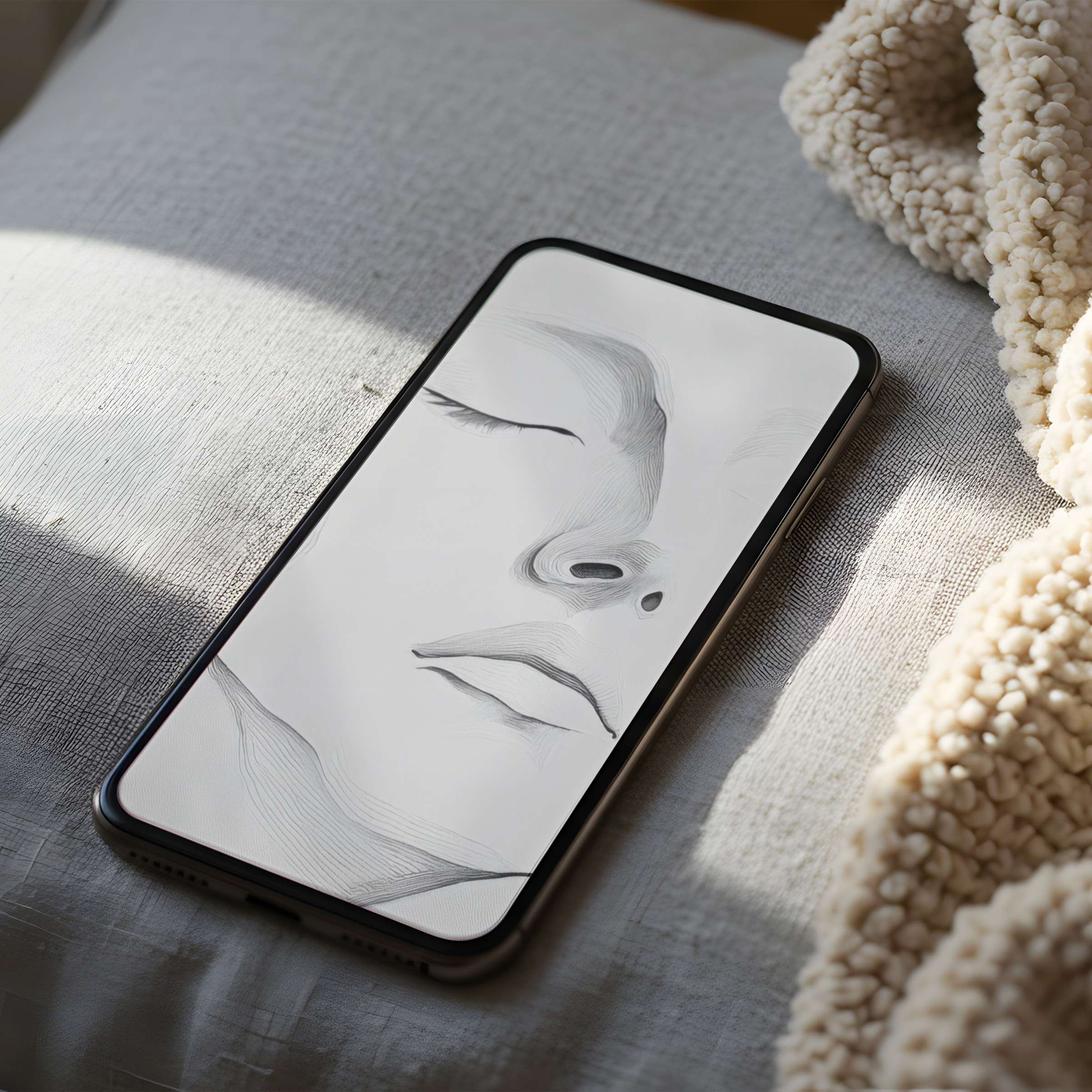 Elegant line art face phone wallpaper in high resolution, resting on cozy fabric, perfect for iPhone and Android digital download