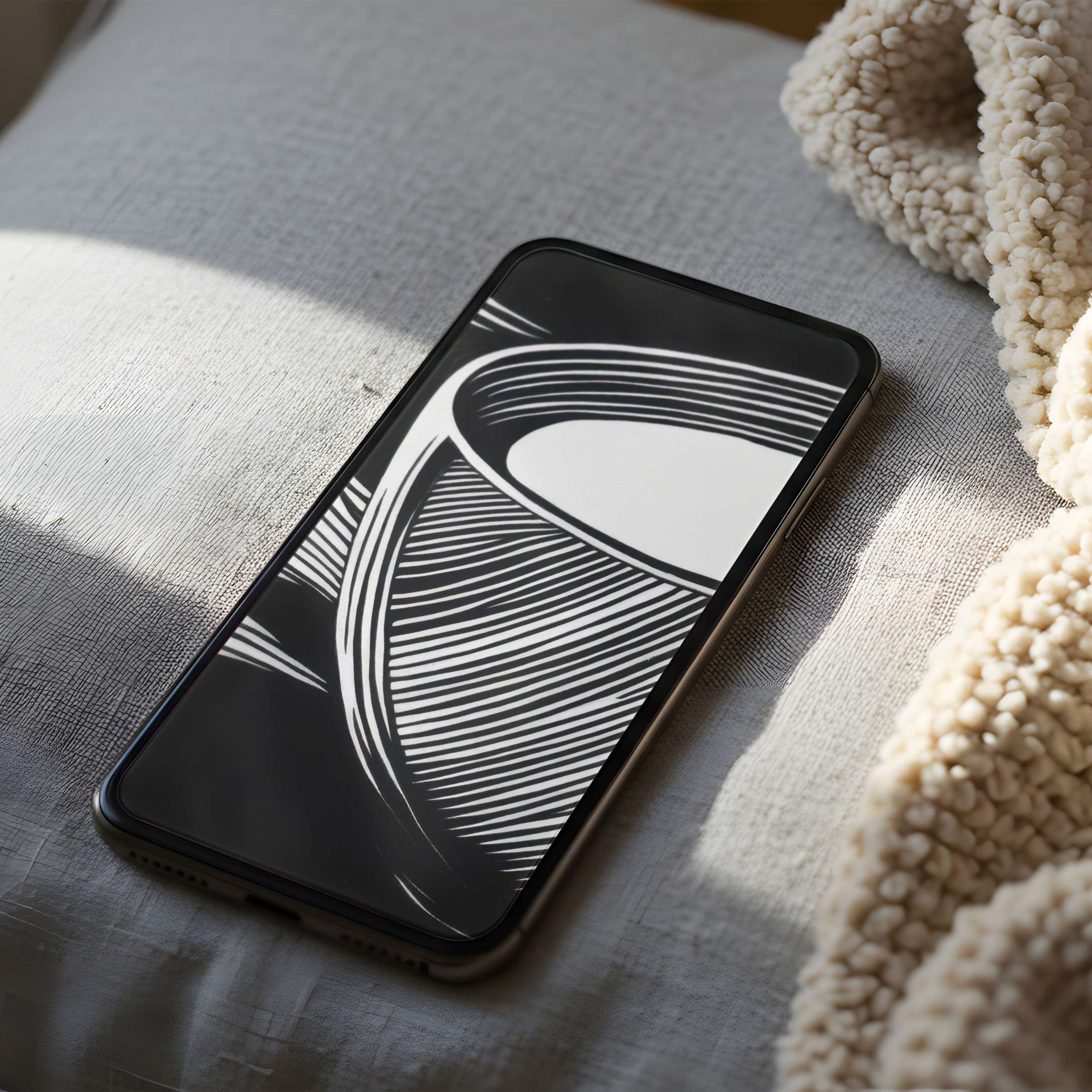 Curated black and white abstract phone wallpaper on bed evokes simplicity and serenity high resolution for iPhone and Android devices