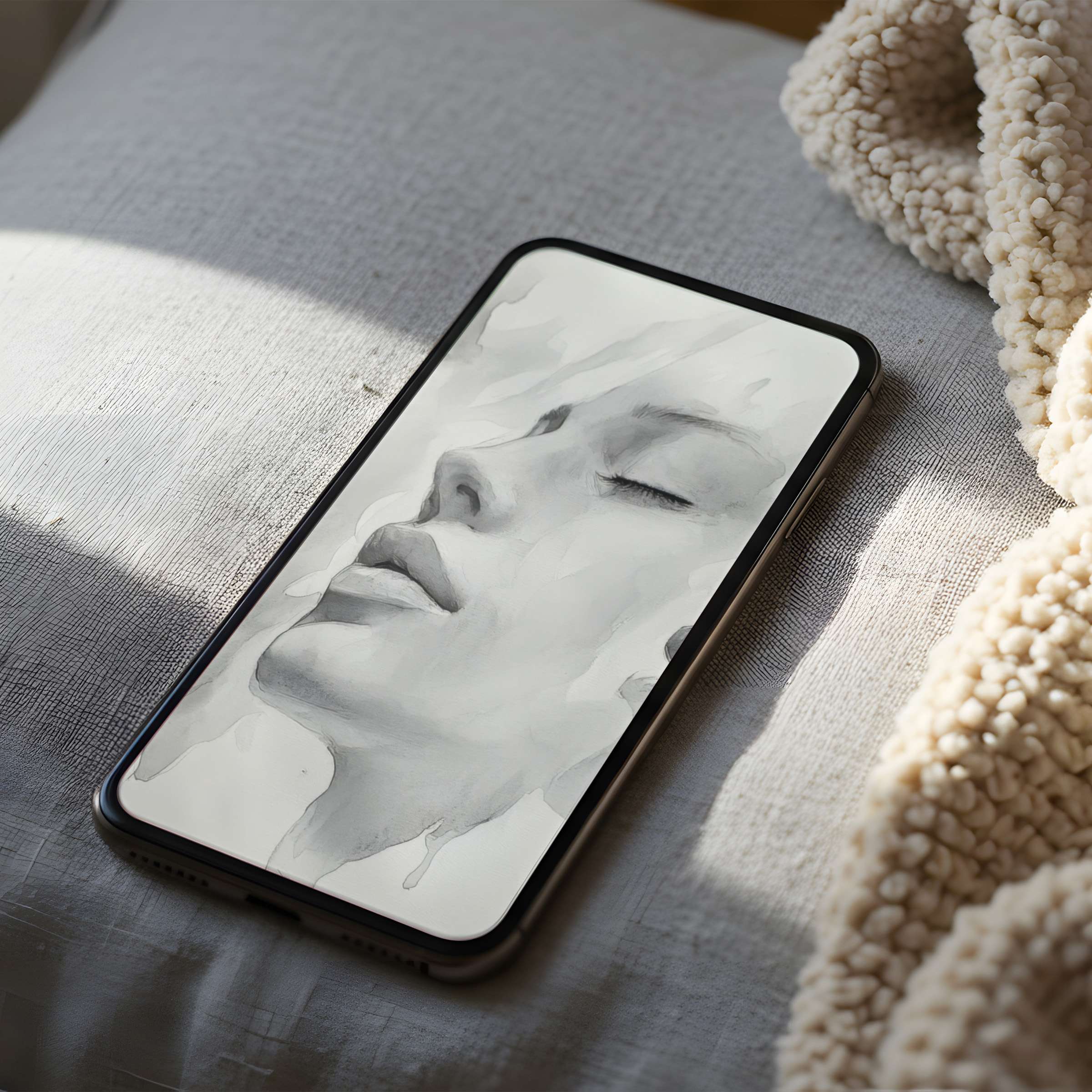 Elegant black and white portrait phone wallpaper on a cozy bed setting enhances peace suitable for iPhone and Android phones