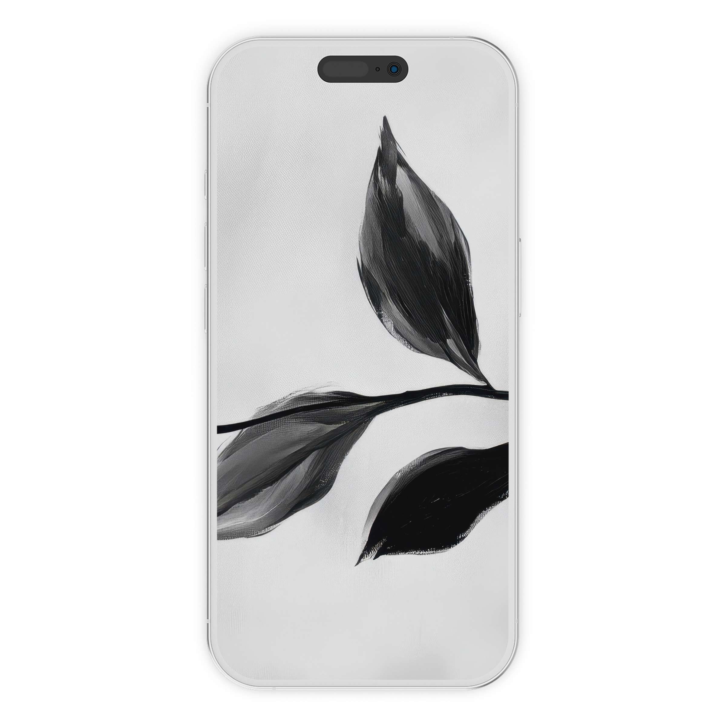 Black and white iPhone wallpaper featuring elegant leaf art on a minimalist phone background digital download for calm simplicity