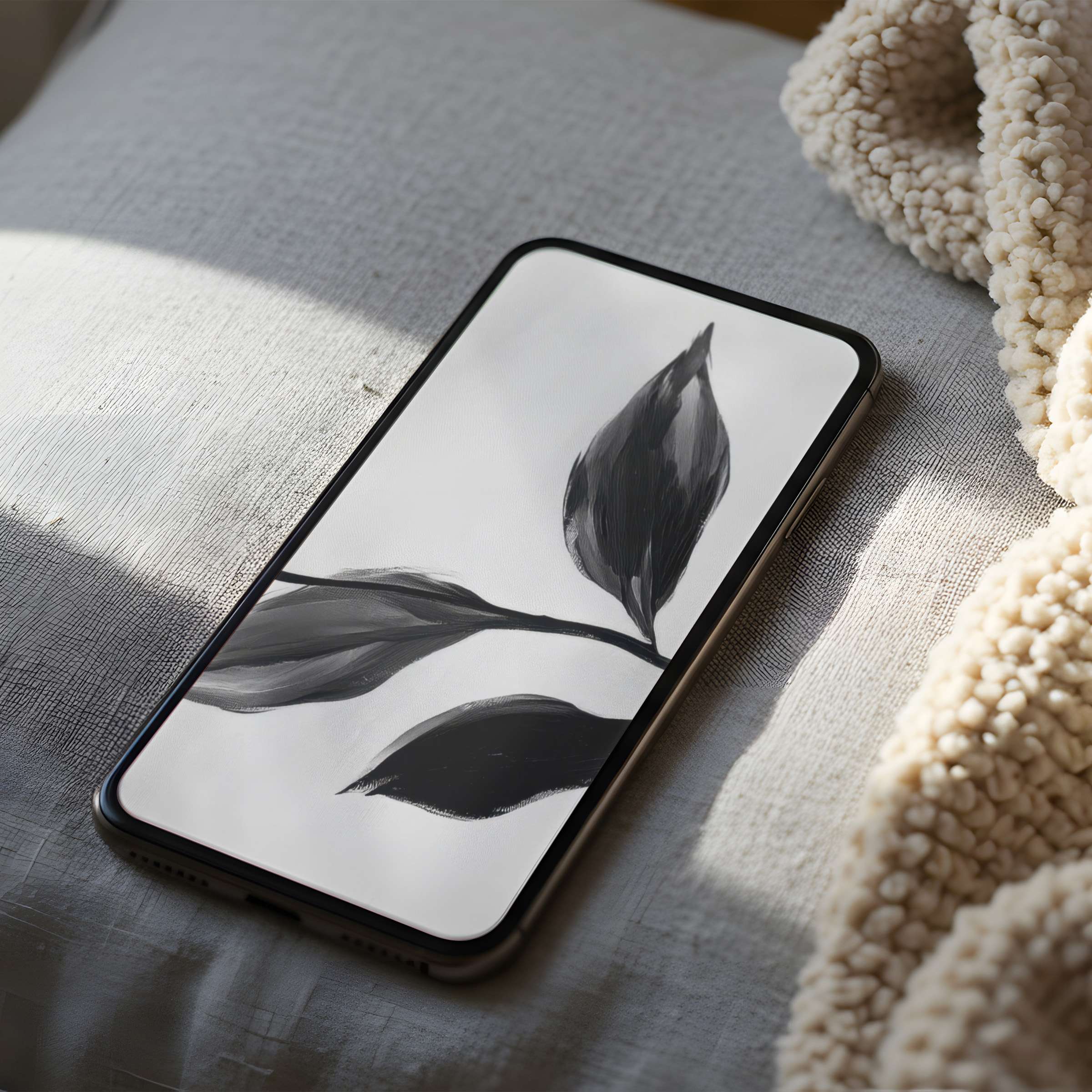 Elegant black and white leaf design phone wallpaper for iPhone and Android offers serene beauty and high resolution digital download