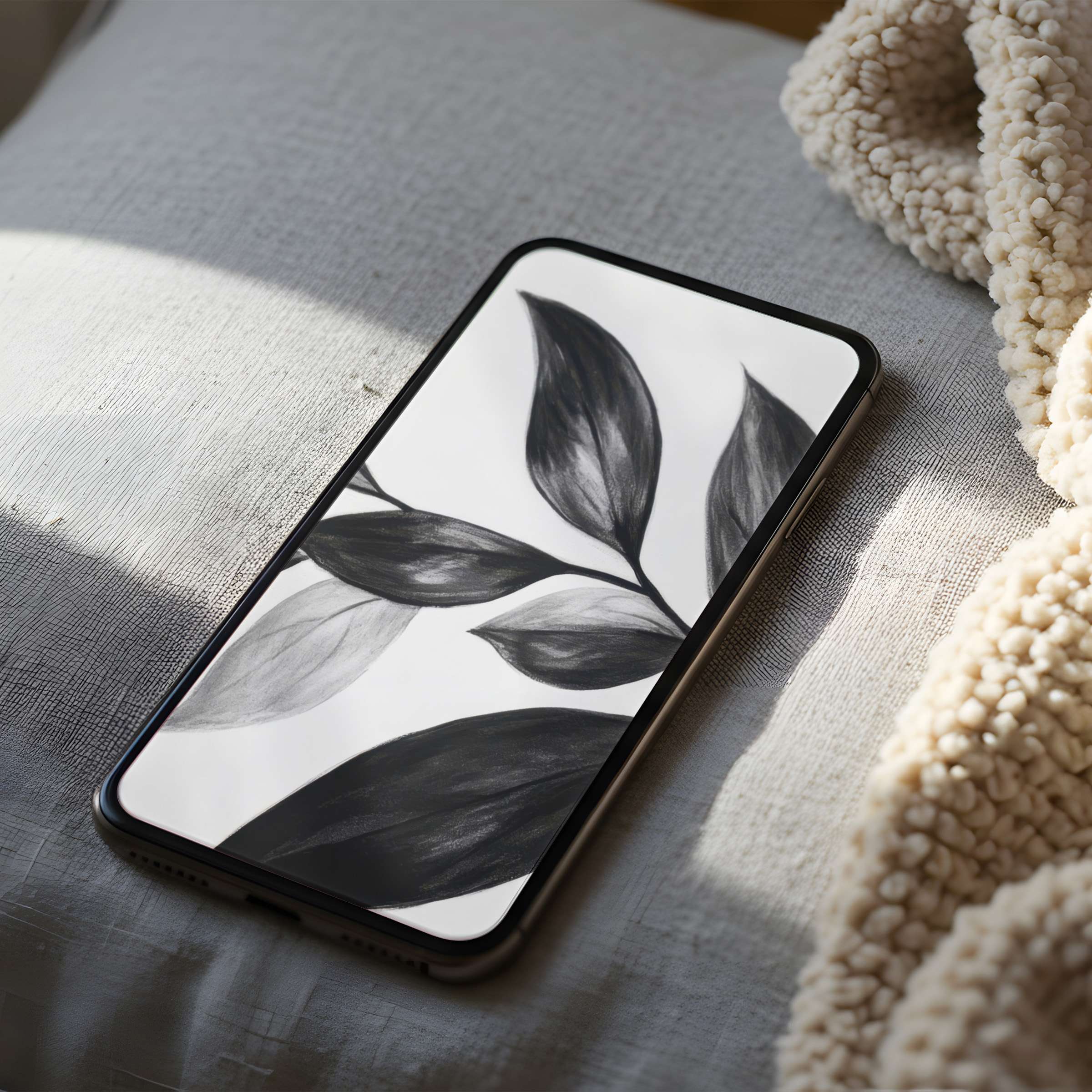Black and white botanical phone wallpaper on cozy textured fabric inspires tranquility in high resolution for iPhone and Android users