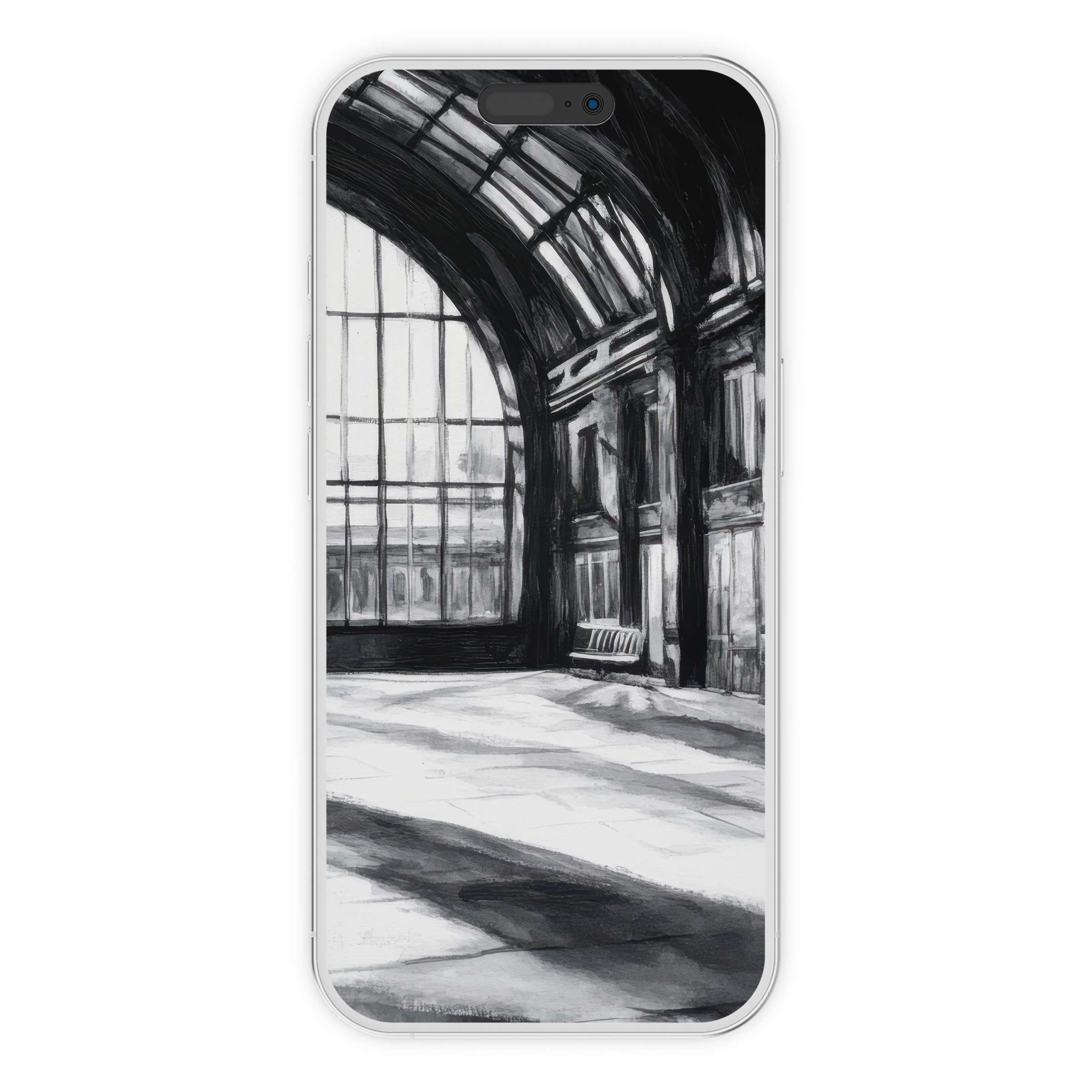 Elegant black and white iPhone wallpaper showcases an airy, sunlit atrium for a serene phone background digital download suitable for all devices