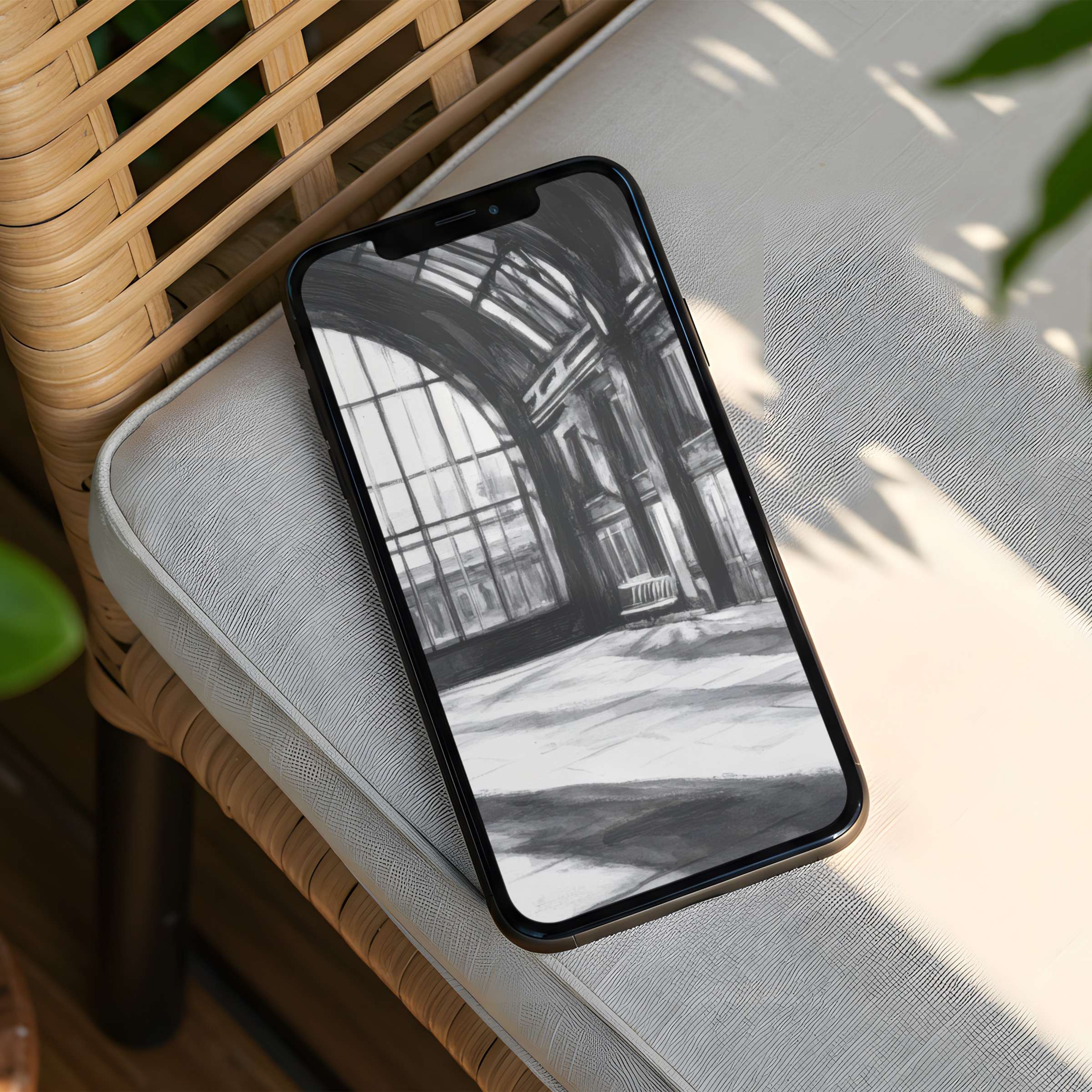 Elegant iPhone background showcasing a serene grayscale interior with arched windows available for instant download to your phone