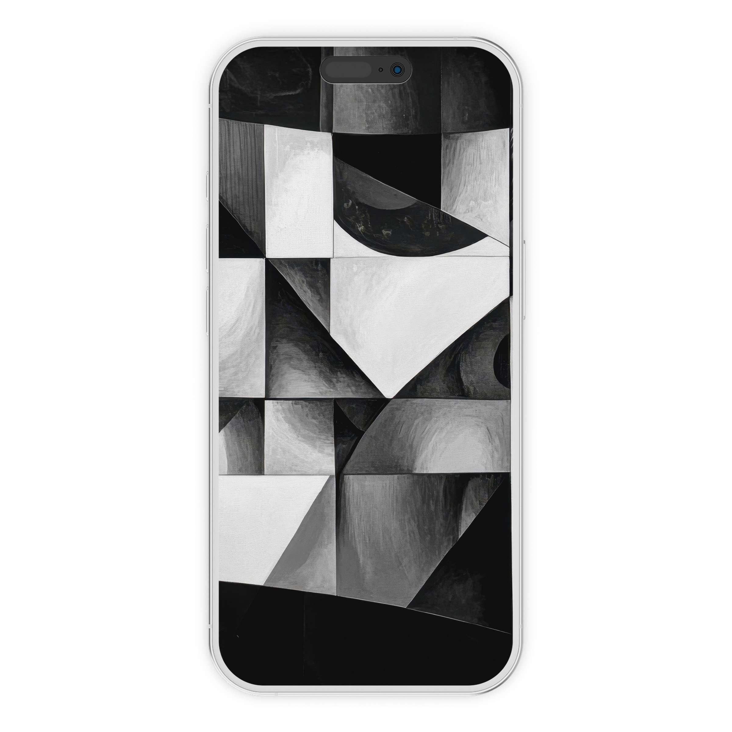 Black and white iPhone wallpaper featuring abstract geometric patterns ideal for a calm, elegant phone background digital download