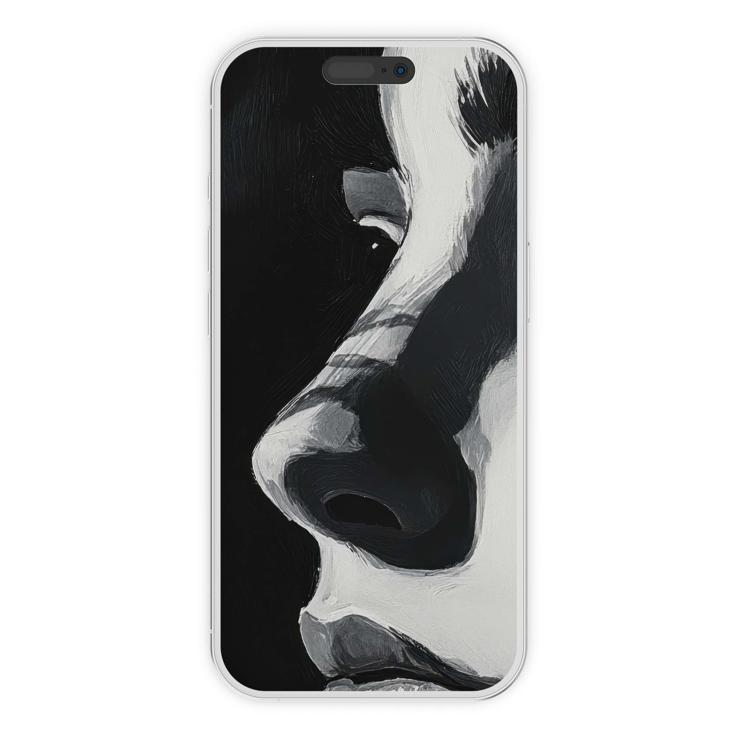 Elegant black and white iPhone wallpaper featuring abstract face profile, perfect phone background, digital download for serene style