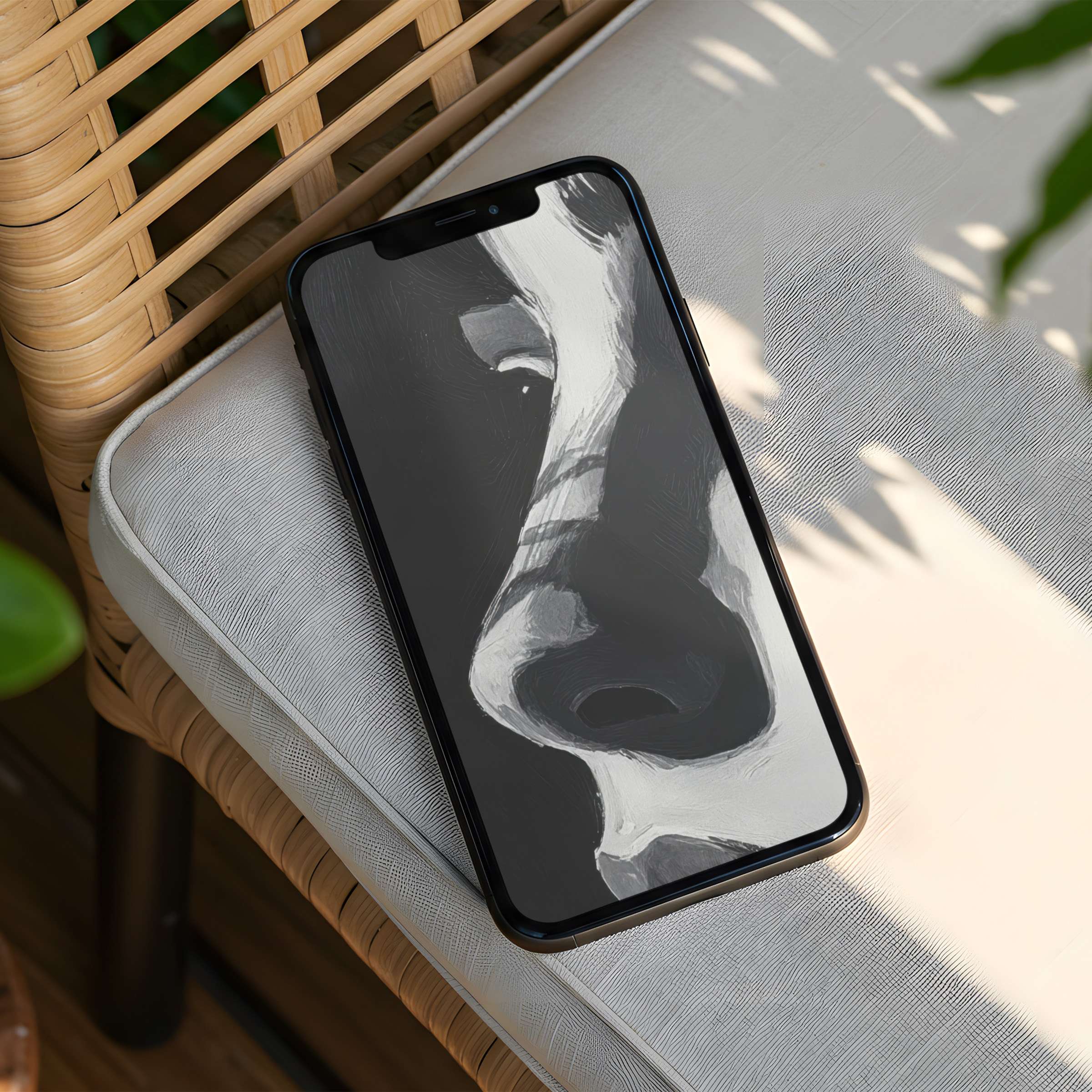Elegant black and white abstract iPhone background on a phone screen offers calm inspiration with instant download option for Android too