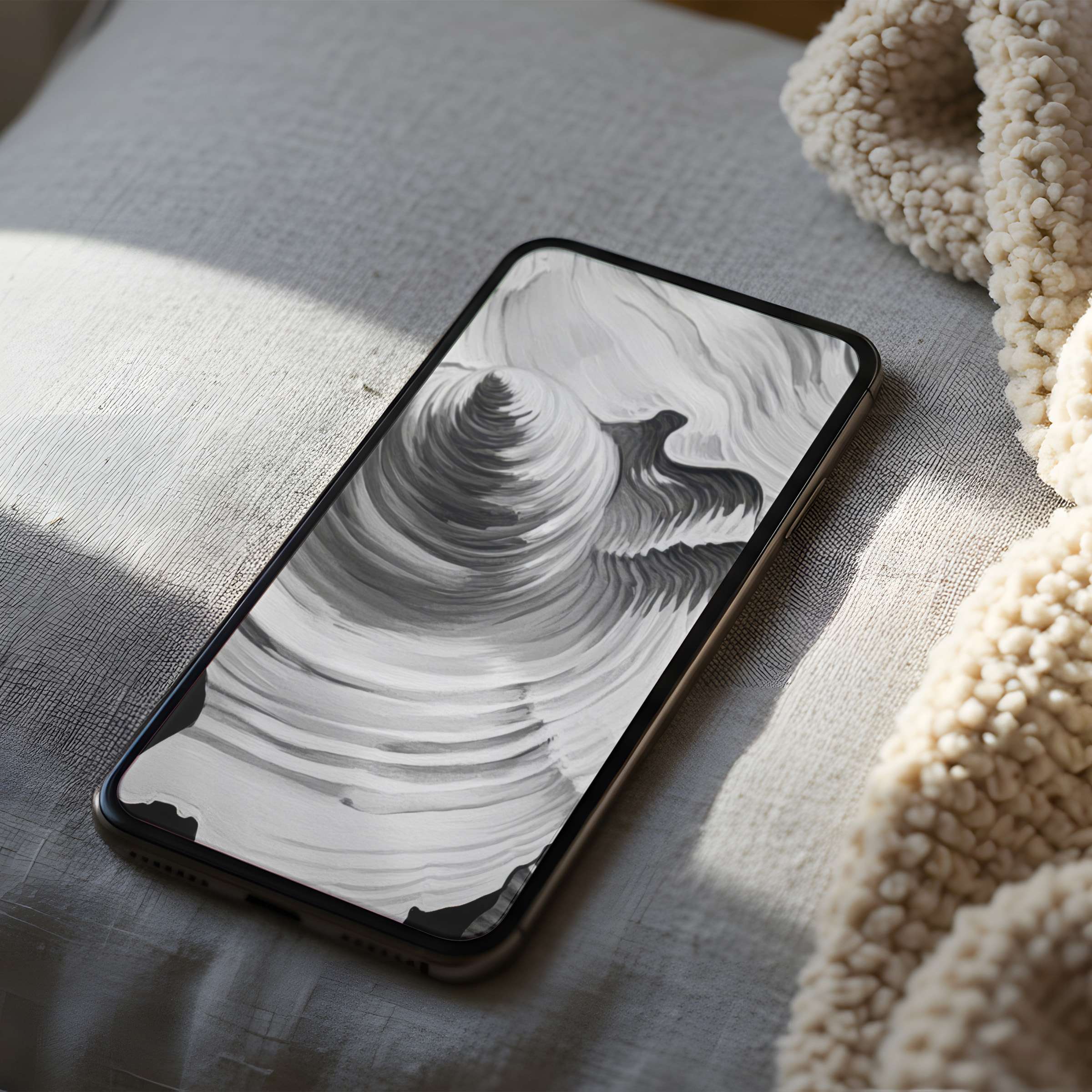 Elegant black and white abstract phone wallpaper with fluid spiral patterns offers high-resolution serenity for iPhone and Android devices