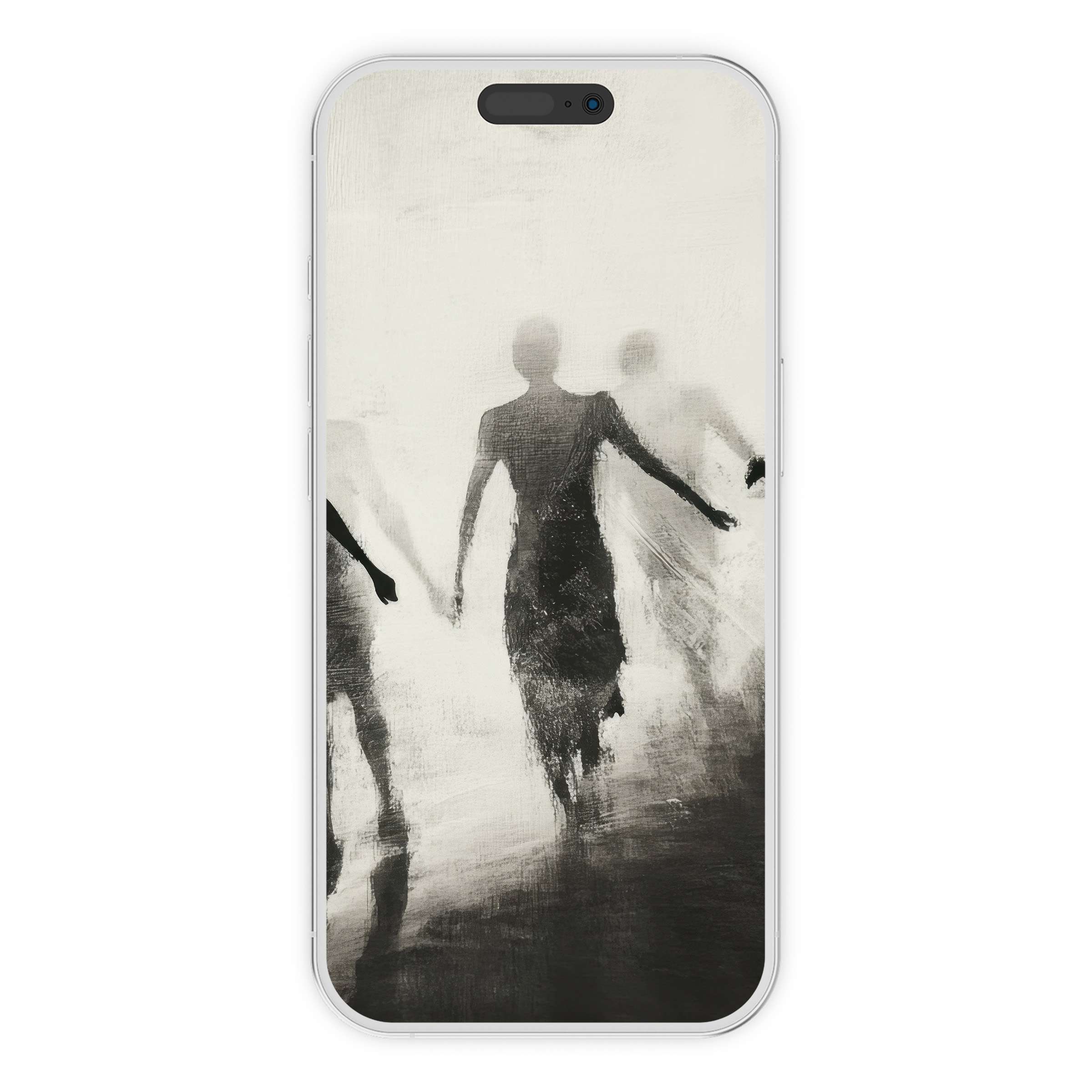 Ethereal silhouettes grace this black and white iPhone wallpaper, offering a serene digital download for phone backgrounds