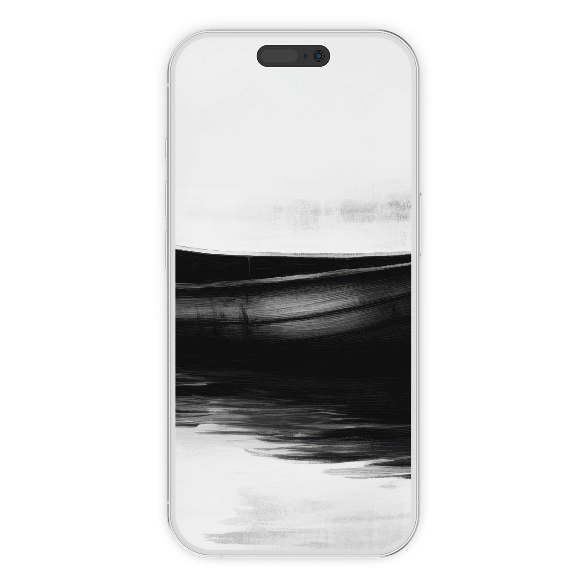 Elegant black and white iPhone wallpaper featuring abstract brushstrokes, offering a calming digital download for phone backgrounds
