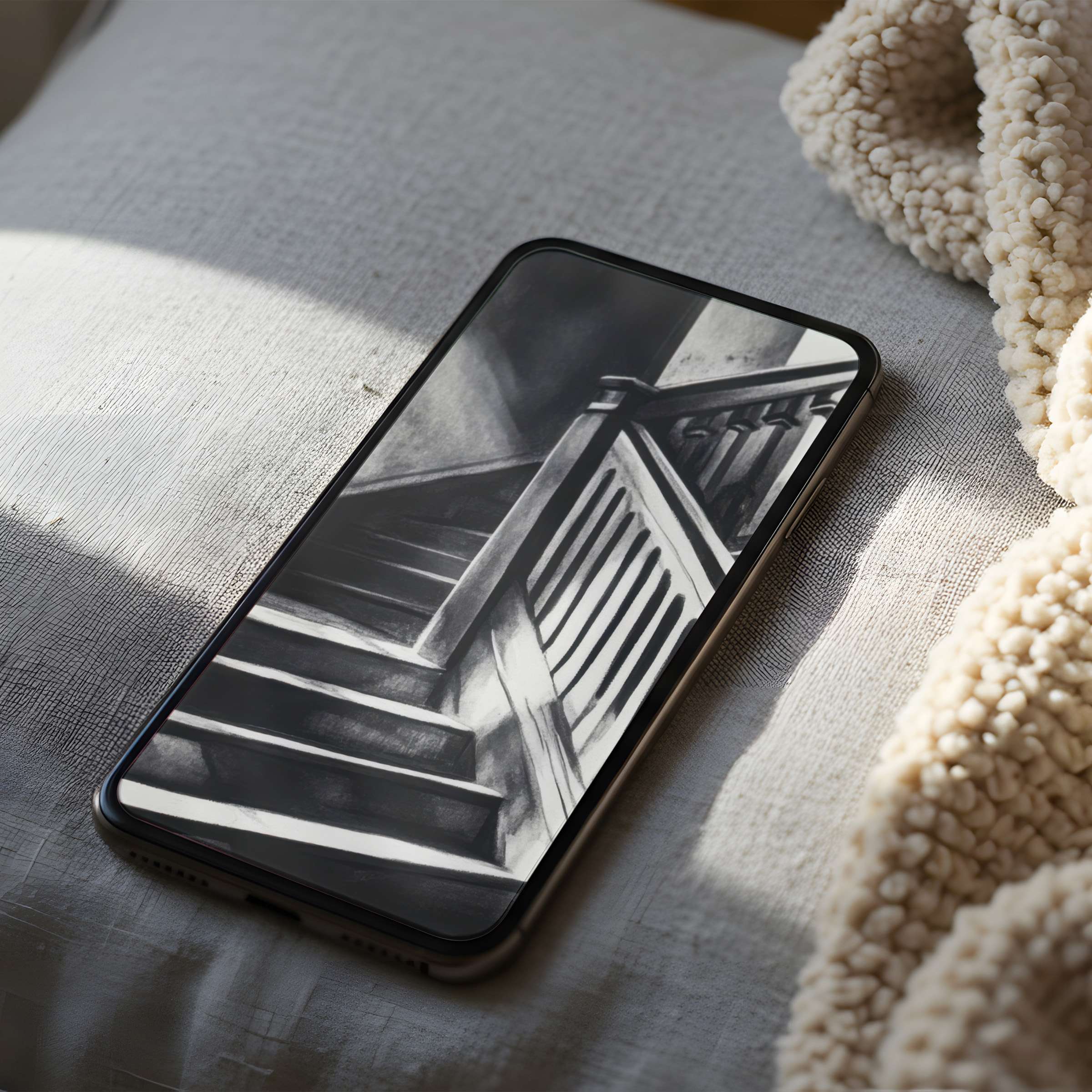 Elegant black and white phone wallpaper featuring a staircase motif, perfect for iPhone and android; high-resolution digital download enhances serenity