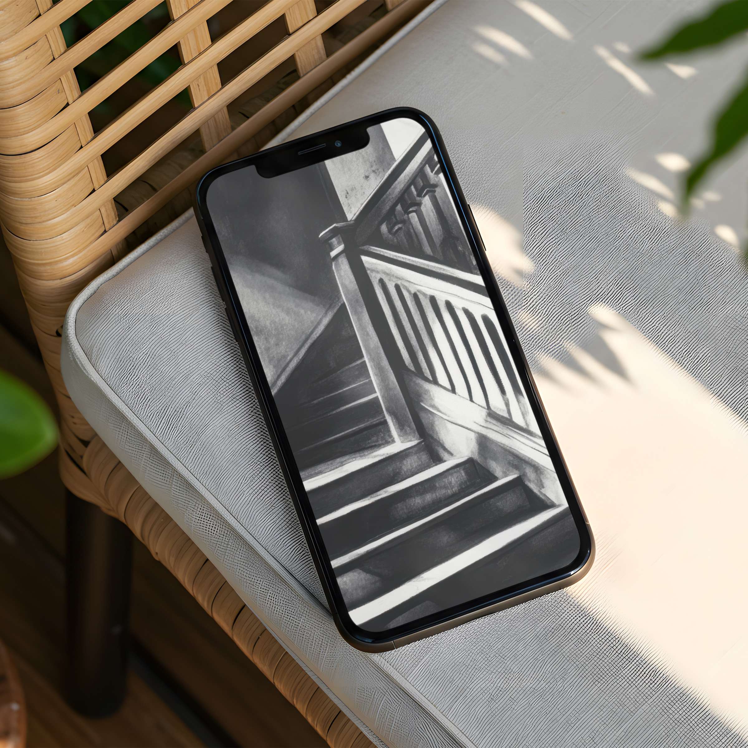 Elegant black and white iPhone background featuring a staircase, offering calm inspiration for your phone, instant download available
