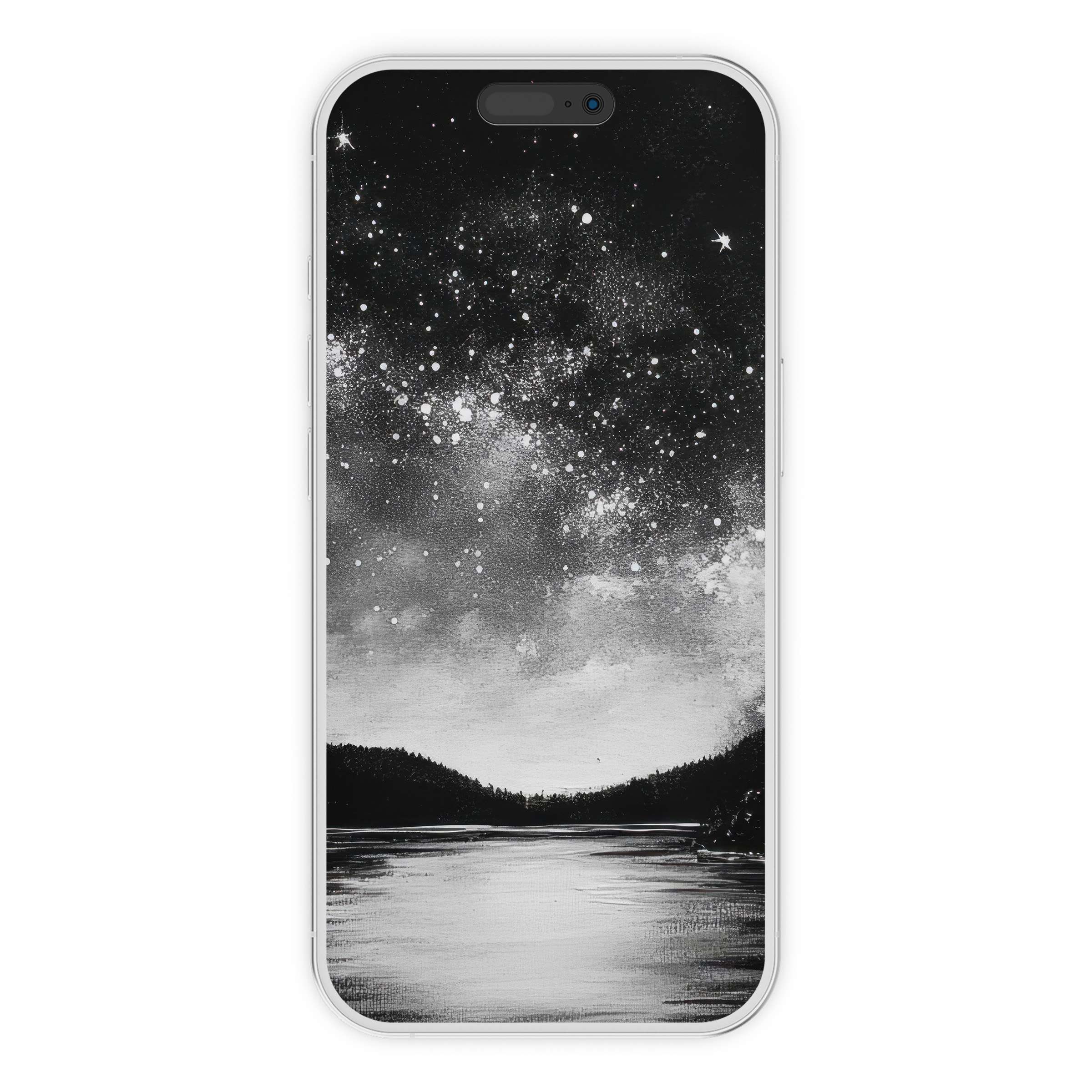 Elegant black and white iPhone wallpaper showcasing a serene night sky over a calm lake, perfect digital download phone background