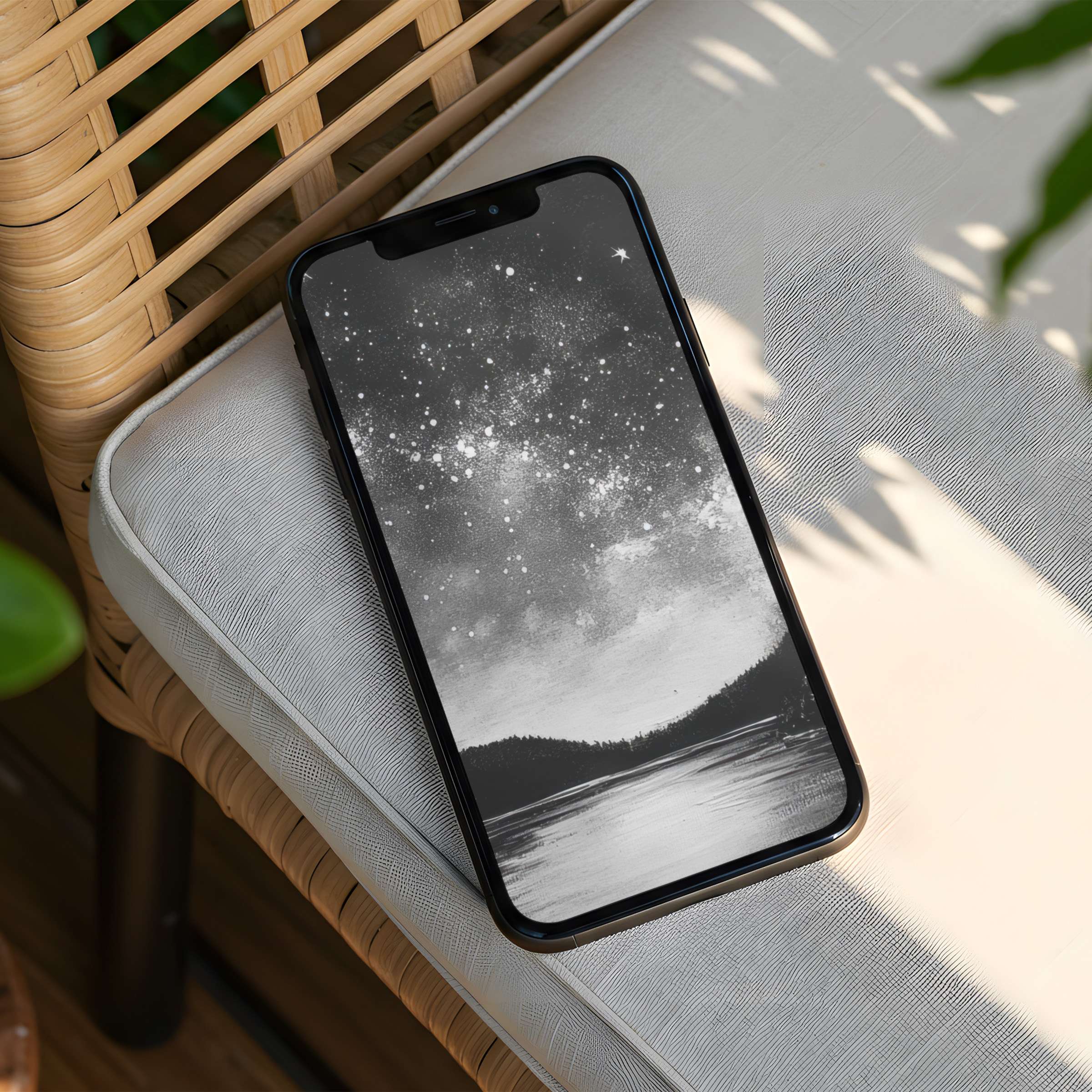 Elegant black and white starry night iPhone background for instant download brings calm and mindfulness to your phone screens